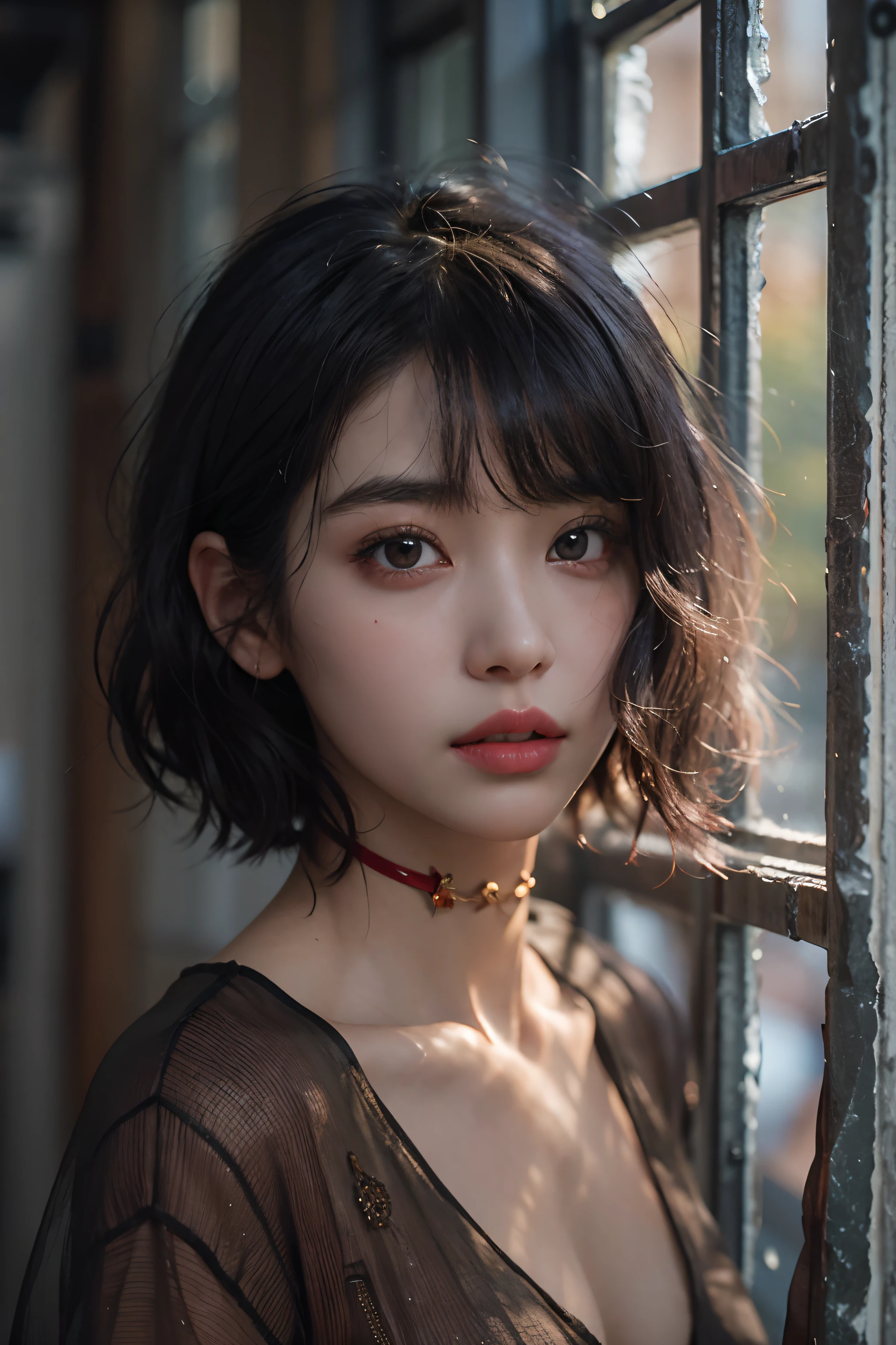 (Photoreal Stick:1.2)、8K UHD、hight resolution、(1girl in)、((profile))、(black hair shorthair)、((Knee shot))、(High quality shadows)、Detail Beautiful delicate face、Detail Beautiful delicate eyes、in her 20s、(A dark-haired)、Pretty Kpop Girl、(Korean Urzan Face)、(ulzzang -6500-v1.1:0.6)、(look up sky)、gloweyes、perfectbody、 Incredible dynamic range photography(UTIL_Art by Smoose-768:1.1), teak、Bright red lipstick、Glossy lips、Natural color reproduction、((strong lights))、(a choker)、(Red transparent nose)、((Brown eyes))、((Beautiful Finger))、 (short-hair)、((wetting hair))、Shiny hair、Description beautiful delicate hair、(Lustrous skin)、(Black see-through dress)、(black hair short cut)、(profile)、(early evening)、(by the window)、(Inorganic concrete chamber)、(Background blur)、(No one in the background)、