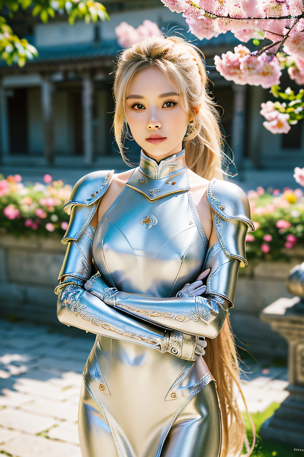 (8K, best quality:1.2), (masterpiece:1.37), (photo, photorealistic:1.37), (ultrahigh-res), full body, walking pose, shot from front, slow motion, female paladin wearing the full body, (light silver armour:1.2),(ornately decorated armor), (insanely detailed, bloom:1.5), (highest quality, Alessandro Casagrande, Greg Rutkowski, Sally Mann, concept art, 4k), (analog:1.2), (high sharpness), (detailed pupils:1.1), detailed face and eyes, Masterpiece, best quality, (highly detailed photo:1.1), (long blonde Hair, ponytail,ecstatic:1.1), (young woman:1.1), blonde hairs, very long  hairs, absurdly long hairs, sharp, (perfect body:1.1), realistic, real shadow, 3d, (temple background:1.2), arms crossed over the chest 
photographed by Canan EOS R6, 135mm, 1/1250s, f/2.8, ISO 400