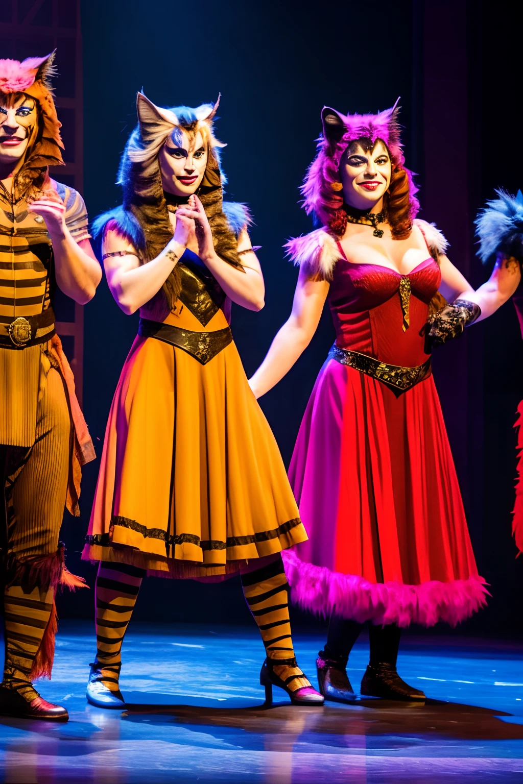 musical "Cats". Actors wearing full body costumes of cats.