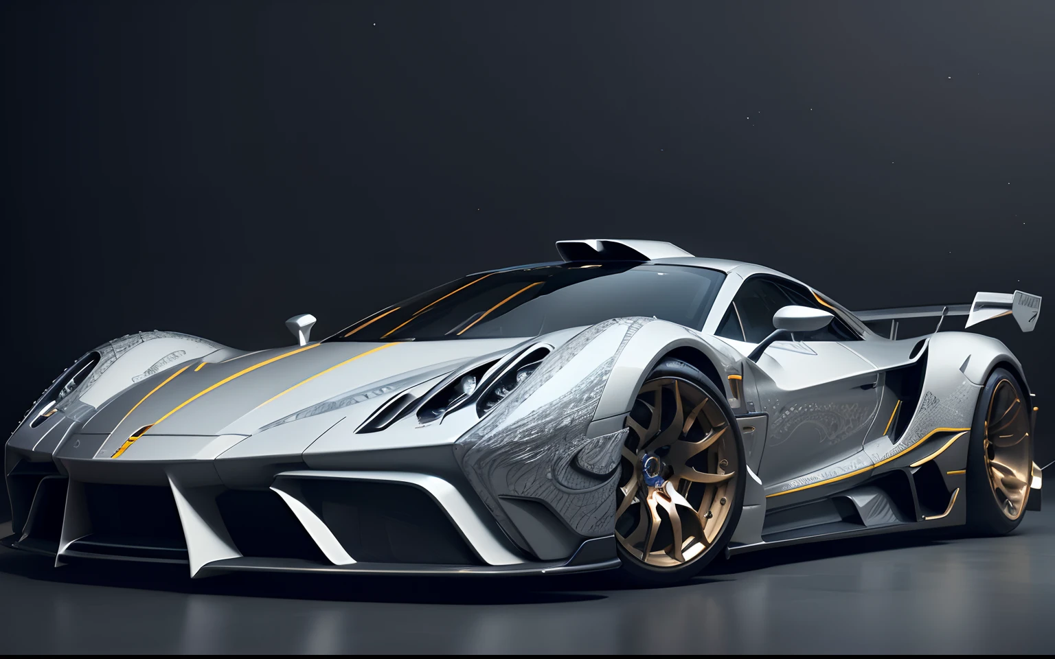 Photo realistic future supercar design by Leonardo DaVinci, Pagani Utopia, Masterpiece, low styling with starry headlights in cream and silver patterns with lilies, side view portrait, 16k resolution concept art portrait by Leonardo DaVinci, intricate details, highly detailed;, dynamic lighting hyperdetailed intricately detailed, filagree, DaVinci knots, Splash art trending on Artstation triadic colors Unreal Engine 5 volumetric lighting, whole car intertwined body panels, overlay,