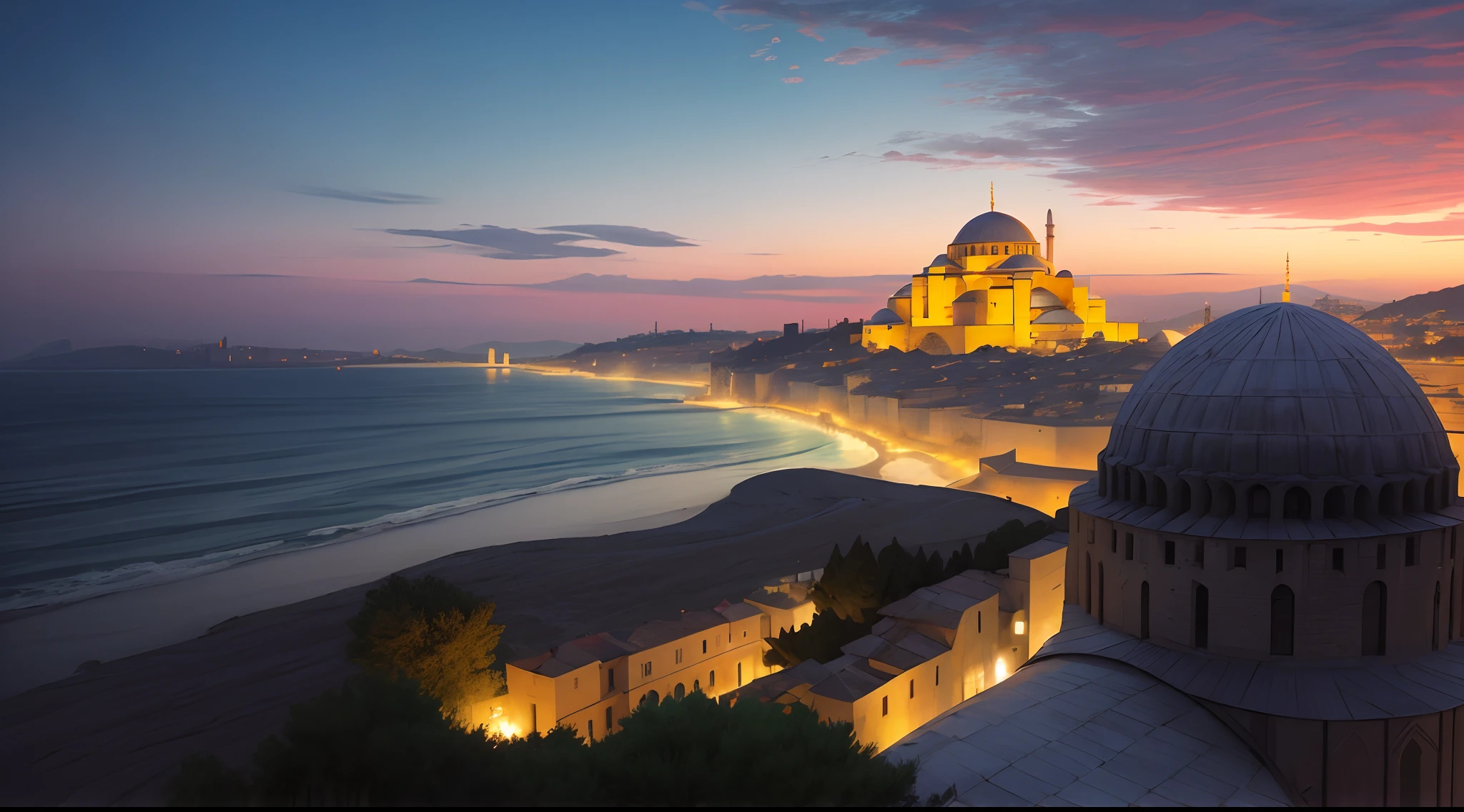 Istanbul, Islamic city, exterior, very sophisticated and rich and historical and attractive and beautiful city in Europe, the Bosphorus Strait, many Trade house and guilds, situated on a cape towards the Bosphorus Strait, the two side of strait is Asia and Europe, small and sophisticated and rich and luxurious 40 islamic houses with Islamic dome some near some faraway with stone road with 3 watch towers with 1 islamic castle with 1Hagia Sophia in the middle of image and the middle of the city in the image, Ocean broad wide very beautiful sea in the horizon background, magic hour sunrise and the sun is shining in the whole image, with no Chinese Style no Japanese style, Asia Minor style, Islamic style, Turkish style, Roman elements, walls and towers, 4Minarets, 4Mosques, 16th century, renaissance, age of exploration, no christianity style, the image should show a clear differenet that this is a definitely a islamic city