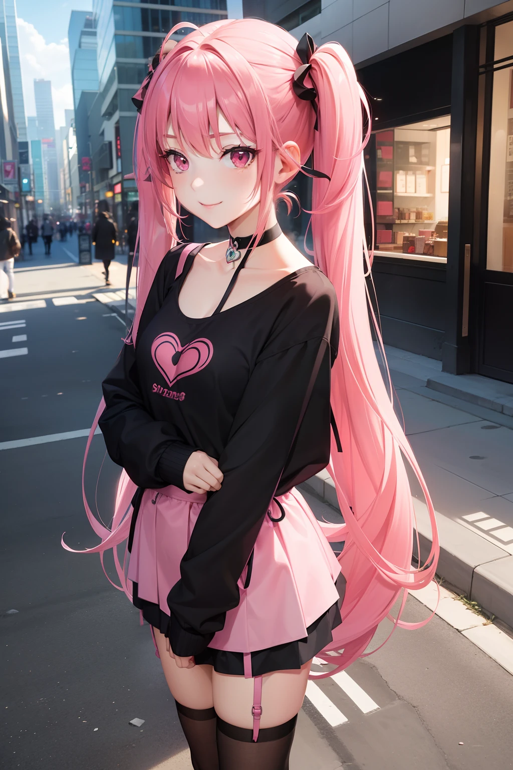 full body Esbian, masutepiece: 1.2, Highest Quality), (Live-action, elaborate details), (1 Lady, Solo, Upper body,) Clothing: Edgy, Black long jumper, pink miniskirt, long hair with pink twin tails,,,,,,、Avant-garde, Experimental appearance: Long pink twin tail hair 、Heart-shaped choker、The location: bustling city、Solo, Nice smile、Value Creation in Mixed Media Art: individuality, authenticity, Creative expression
