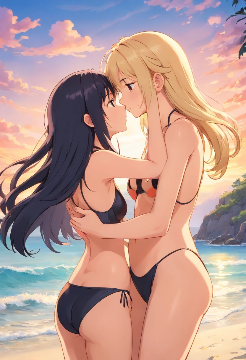 2 girls beautiful 13 years slim, long blonde hair and a black hair small swimsuit, Meer wellen Strand  Sommer  Sonnen untergang, kissing and holding hands, UHD, masterpiece, anatomically correct, high details, highres, best quality, super detail, 8k