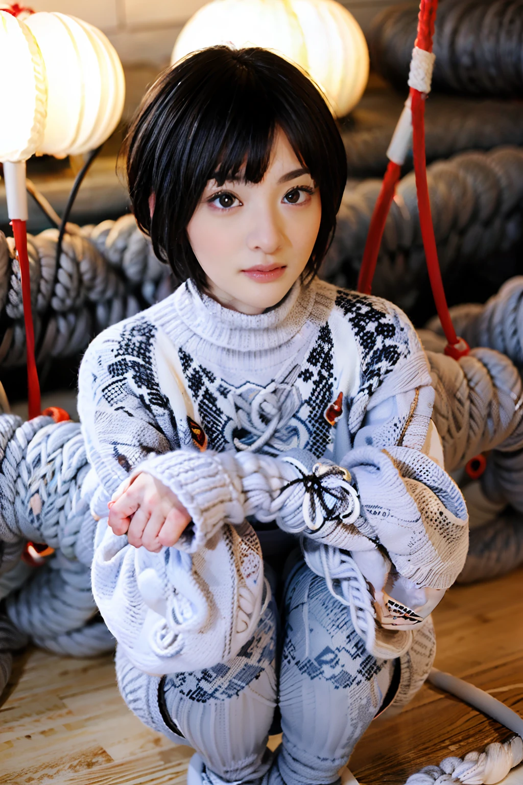 ((pixie_cut short_hair):1.2), 8K、Raw photography。top-quality、high_quality、Extreme_Detail_Photography、Eye for extreme detail、Super Detail Face、Hair in super detail、Super detail body、(Photography Lighting:1.3)、1girl、Puffy eyes、Eyes in good shape。Brown-eyed、dark brown short hair、good lips、Small lips、Raw photo, Best Quality, masutepiece, ultra-detailliert, (blue cable-knit turtleneck dress), (long sleeves:1.5), (Wool:1.7), 超A high resolution, Realistic,wide_angle, tiny head, (ankle:1.4), ((((solo)))), (seductive posture:2.0),, feminine fingers, looking at the viewer, (split_chin:1.3), (knit leggings:1.5), (cable knit:1.9), squatting, hiding hands
