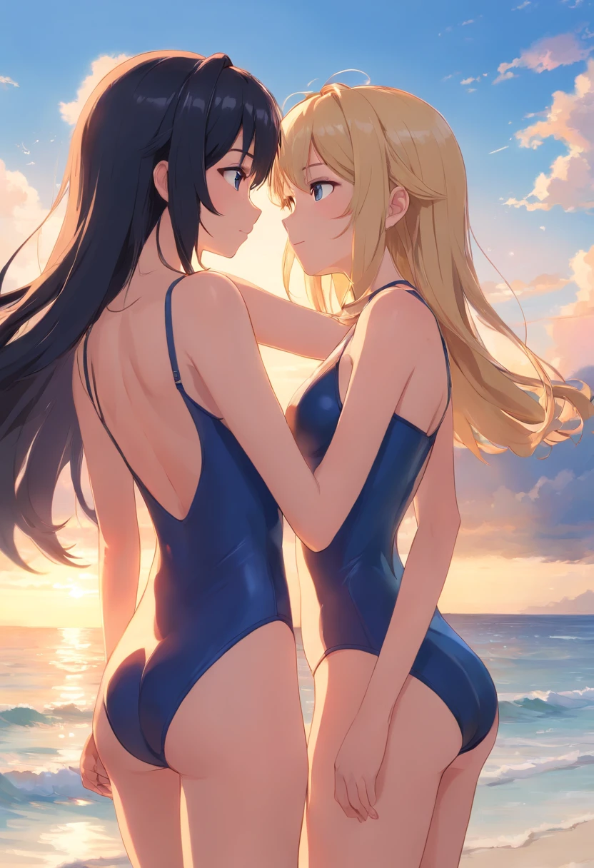 2 girls beautiful 13 years slim, long blonde hair and a black hair small swimsuit, Meer wellen Strand Sommer Sonnen untergang, kissing and holding hands, UHD, masterpiece, anatomically correct, high details, highres, best quality, super detail, 8k