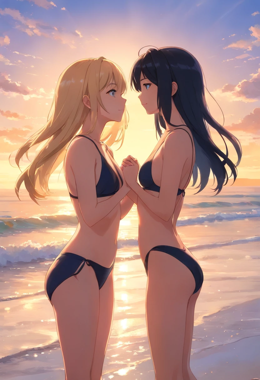 2 girls beautiful s slim, long blonde hair and a black hair small swimsuit, Meer wellen Strand Sommer Sonnen untergang, kissing and holding hands, UHD, masterpiece, anatomically correct, high details, highres, best quality, super detail, 8k