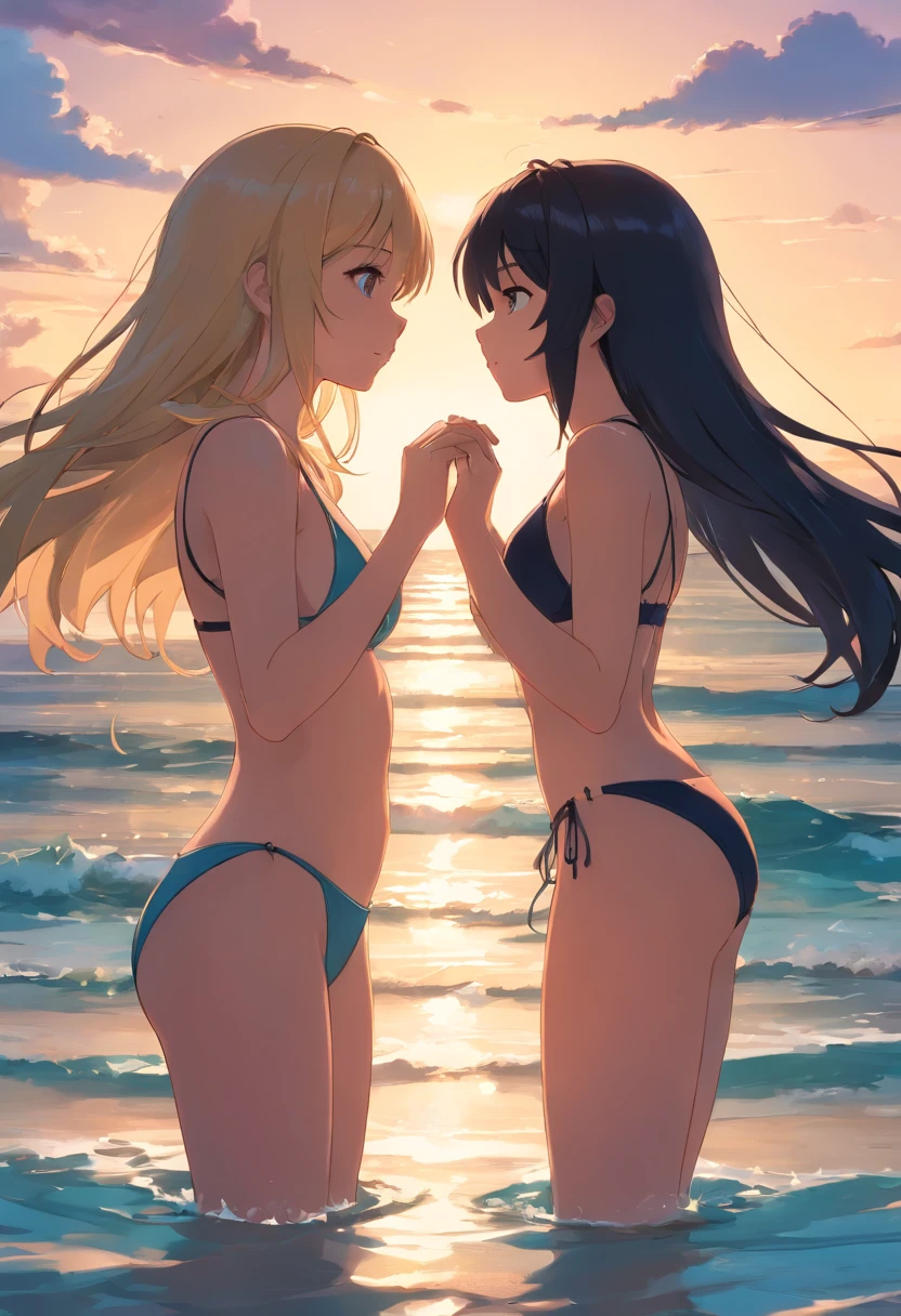 2 girls beautiful 13 years slim, long blonde hair and a black hair small swimsuit, Meer wellen Strand  Sommer  Sonnen untergang, kissing and holding hands, UHD, masterpiece, anatomically correct, high details, highres, best quality, super detail, 8k