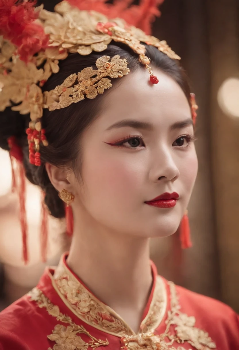 In a scene of a traditional Chinese wedding, a 20-year-old Chinese girl stands as the bride, dressed in a traditional Chinese wedding gown. She wears a phoenix crown on her head, exuding an air of dignity, beauty, and mystery. The magnificent phoenix crown, adorned with feathers that shimmer in shades of deep red and precious gold, symbolizes passion and prosperity. This exquisite accessory embodies the essence of rebirth and royal grandeur, evoking memories of bygone eras. It radiates regal majesty and timeless allure, seamlessly blending into the ambiance of a traditional Chinese celebration., black hair, chiaroscuro, depth of field, cinematic lighting, pov, Fujifilm, Nikon, best quality, highres, 16k