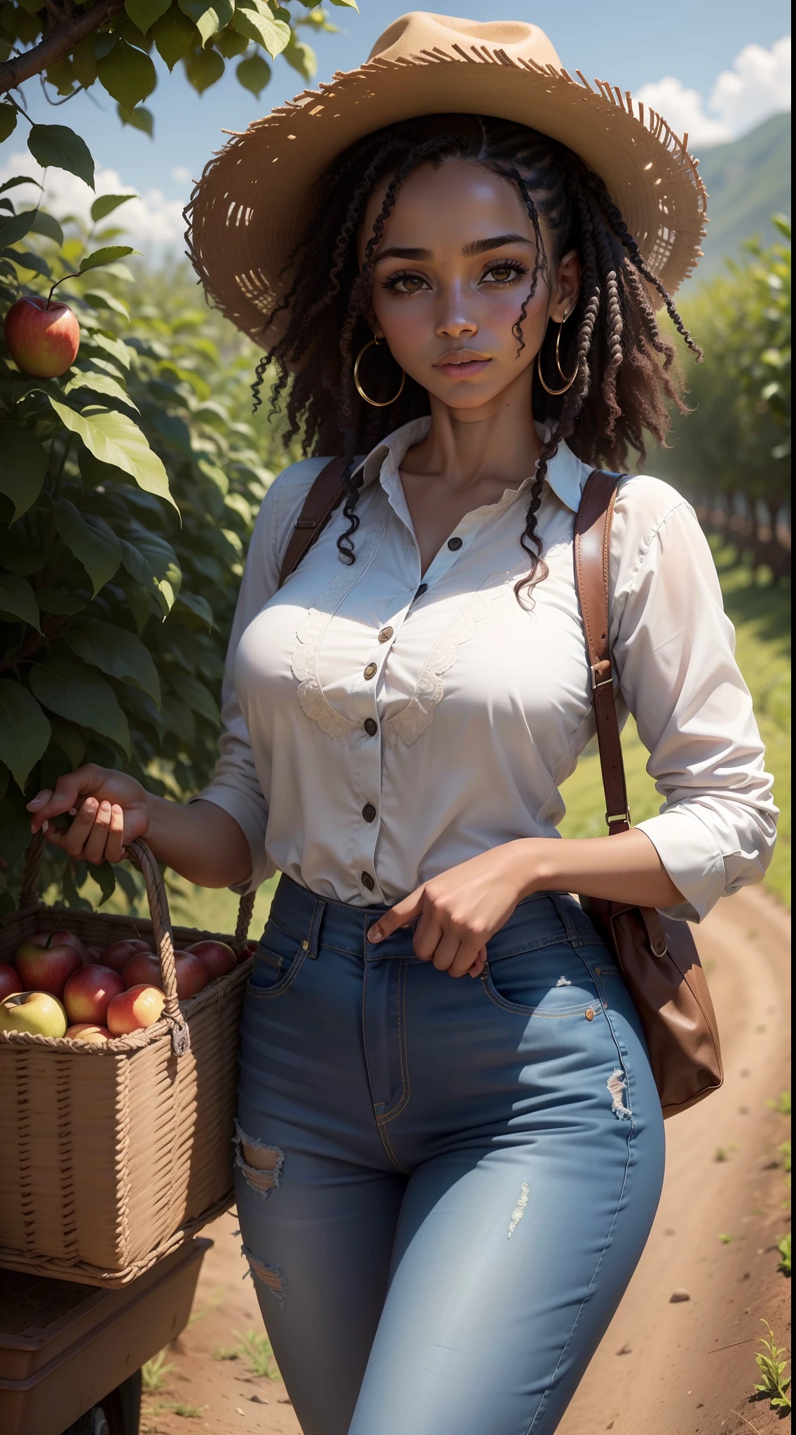 Uma mulher afro descendente negra de cabelos muito longos, castanho claro, is wearing cowboy clothes while working in the field of a farm. She is picking apples with her skilled hands and looks directly at the viewer with a charming look, overflowing with a mixture of determination and serenity.
Seu traje consiste em uma camisa de manga comprida em tons terrosos, with finish worn by hard work in the field, e uma jaqueta de couro marrom, that demonstrates your strength and endurance. O jeans, also worn down by the challenges of the field, It has resources that tell stories of your journey.
The clothes are serious and practical, transmitindo a imagem de uma mulher forte e determinada, focada em seu trabalho e no cuidado com a terra. There is no intention to convey sensuality, mas sim uma dose de estoicismo, a deep connection to nature and country life.
The surrounding landscape is a farm, com vasta, verdant fields that stretch as far as the eye can see. Fruit trees surround the woman, with branches laden with ripe apples, prontas para serem colhidas. The sun sets on the horizon, casting a soft golden light over the landscape, adicionando um toque de magia ao ambiente.
Neste momento, a mulher trabalhadora do campo encontra-se em seu elemento, em perfeita harmonia com a natureza. Its enchanting look invites the viewer to connect with dedication, The strength and beauty inherent in hard work on Earth.