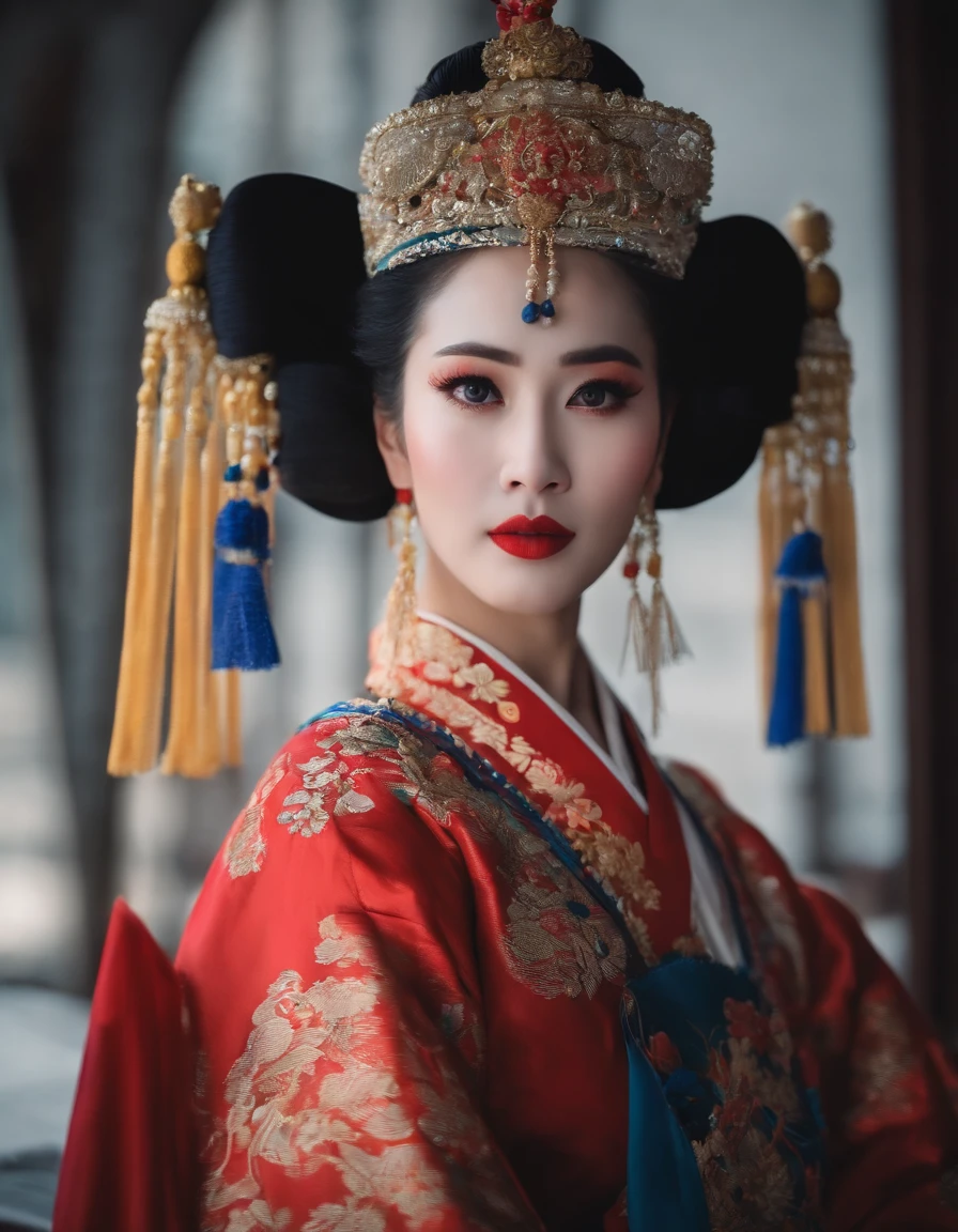 1girll,sface focus,(Peking Opera Half Noodles:1.2),(lucid blue eyes:1),(tmasterpiece,top-quality,best qualityer,offcial art,Beauty and aesthetics:1.2),up front view,facing to audience,(full bodyesbian:1.1)