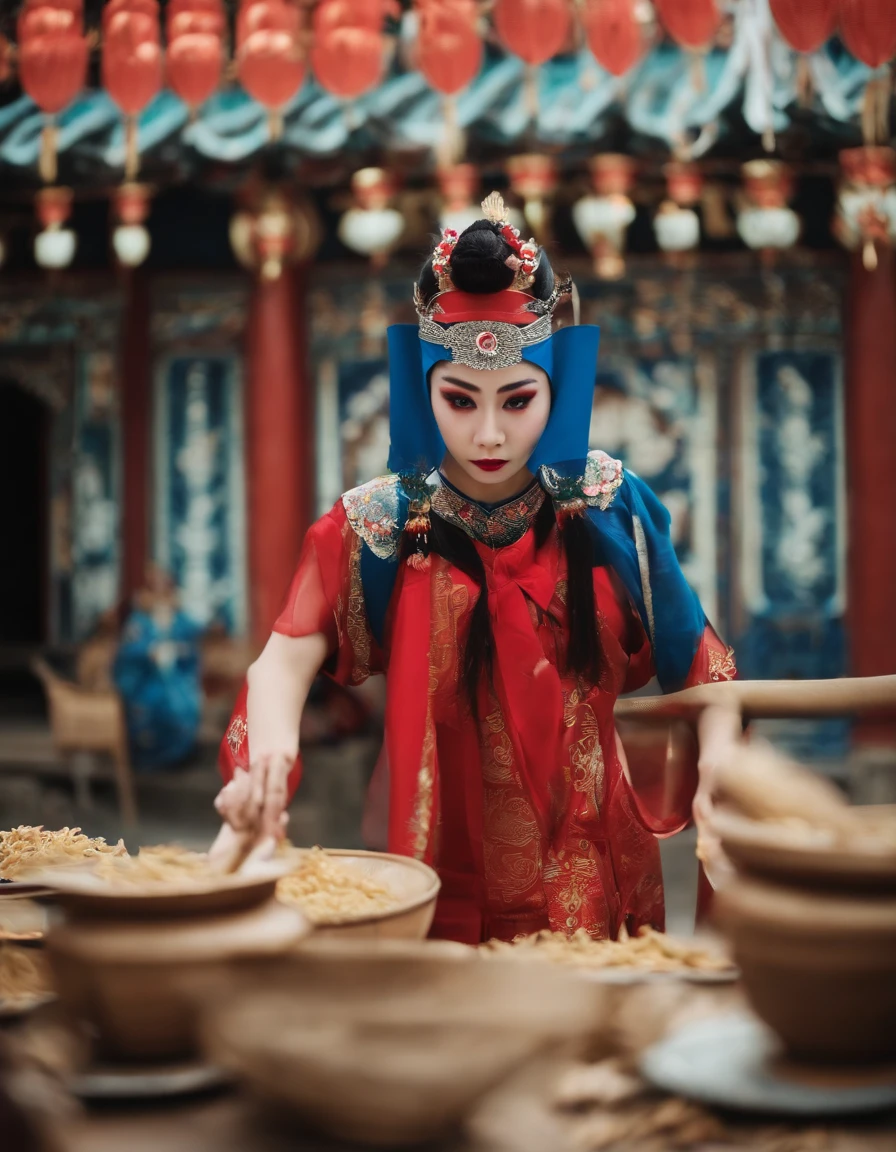 1girll，sface focus，（Peking Opera Half Noodles：1.2），（lucid blue eyes：1），（tmasterpiece，top-quality，best qualityer，offcial art，Beauty and aesthetics：1.2），up front view，facing to audience，（full bodyesbian：1.1）