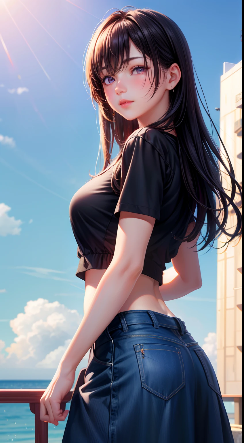 (8k、RAW Photography、top-quality、masterpiece)、high definition RAW color photos professional close-up photos、(realisitic、photorealisim:1.37)、(top-quality)、(Best Shadows)、(The best illustrations)、tifa、realisticlying、女の子 1 人、Purple eyes、radiant eyes、croptop、skirt by the、Parted lips、red blush、natta、florals、suns、sunlights、Top image quality、8K、