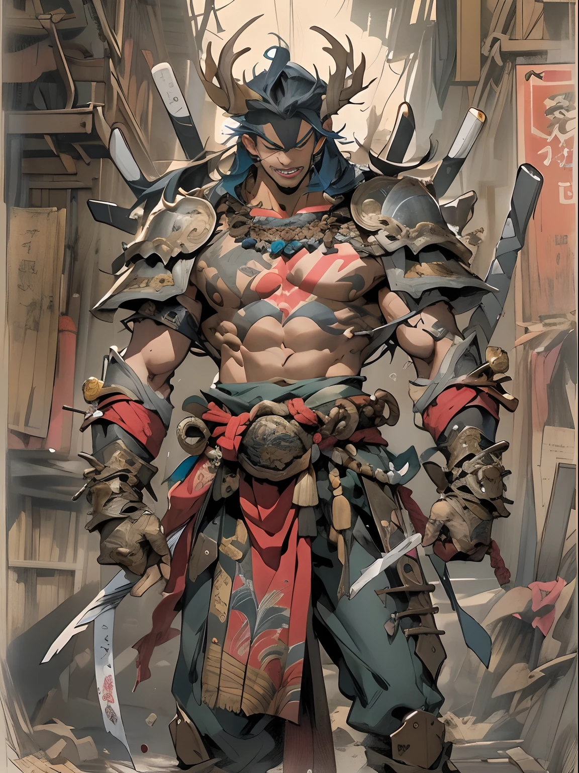 (((mtu))), (((best qualityer))), (((tmasterpiece))), (((AS-Adult))), ((( Japanese ))), Look up from your knees, Handsome Asian samurai,perfect body figure, Modern samurai, ((( Asian))), Wear gloves on your hands,The left arm is made of steel and metal tips,Made of protective devices, The eyes are pulled, (( Appears below the chest )), (( Small dental floss )), Simon Bisley, Almost naked(Simon Bisley)Castle City Wilderness,For high-resolution posters, hair straight, Minimum clothing, armure (Crazy clothes ), Full of tips and rivets, tribal tattoos, (((full bodyesbian))), Straight brunette hair,Colored hair ends