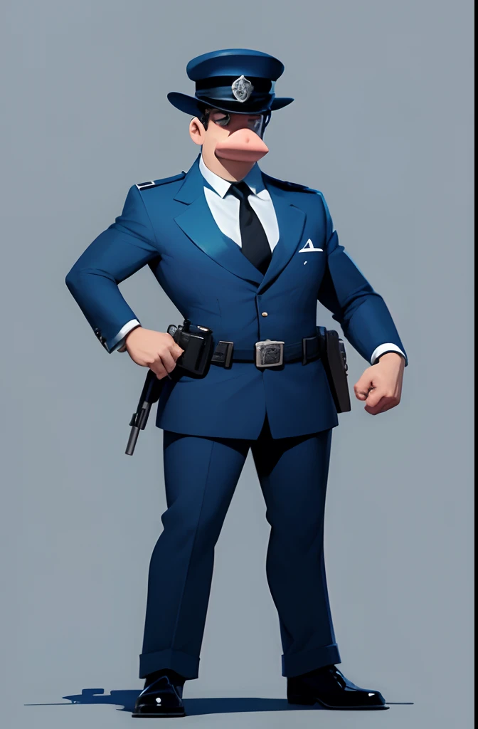 illustration of a man in a uniform with a hat and a tie, character design police man, character design police man!!, aardman character design, officer, noir film world character design, policeman, by Max Buri, by Craig Thompson, pixar character design, character illustration, very stylized character design, by Pedro Pedraja, hybrid of pig and nyc policeman,thin hands,long nose ,creepy ,holding a gun , sketchbook colours,blue background