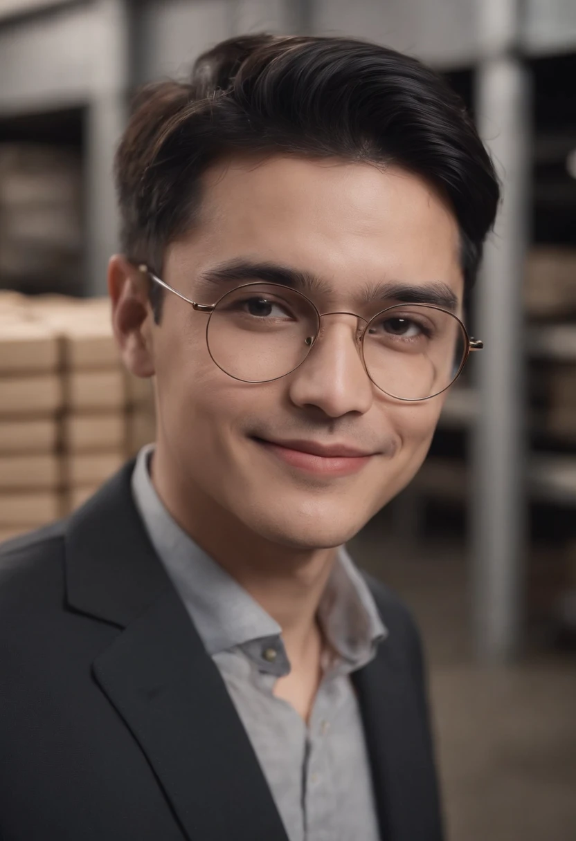 A man, with oily hair, gold-wire glasses, black suit, smiling, short black hair, in a huge warehouse, piled with meat, highly real, UHD, chiaroscuro, super detailed
