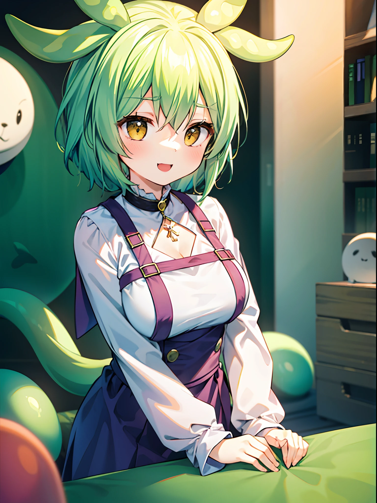 a beauty girl,Yellow-green hair,bobhair、short-hair、Gentle drooping eyes,large full breasts、校服,Manga style,fulcolor,hi-school girl,Calm and gentle face,Big smile、innocent smiles