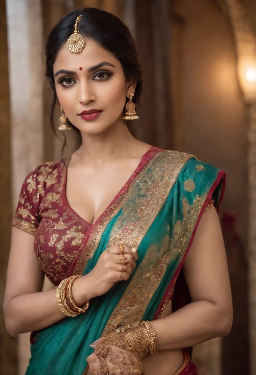 a 40-45 year old woman in a sari posing for a picture, indian goddess, traditional beauty, indian, beautiful goddess, ornate cosplay, indian style, indian super model, beautiful maiden, gorgeous woman, south east asian with long, provocative indian, gorgeous beautiful woman, intricate outfit, hindu aesthetic, beautiful asian girl, extremely detailed goddess shot, jaw-dropping beauty, big boobs deep cleavage sexy navel