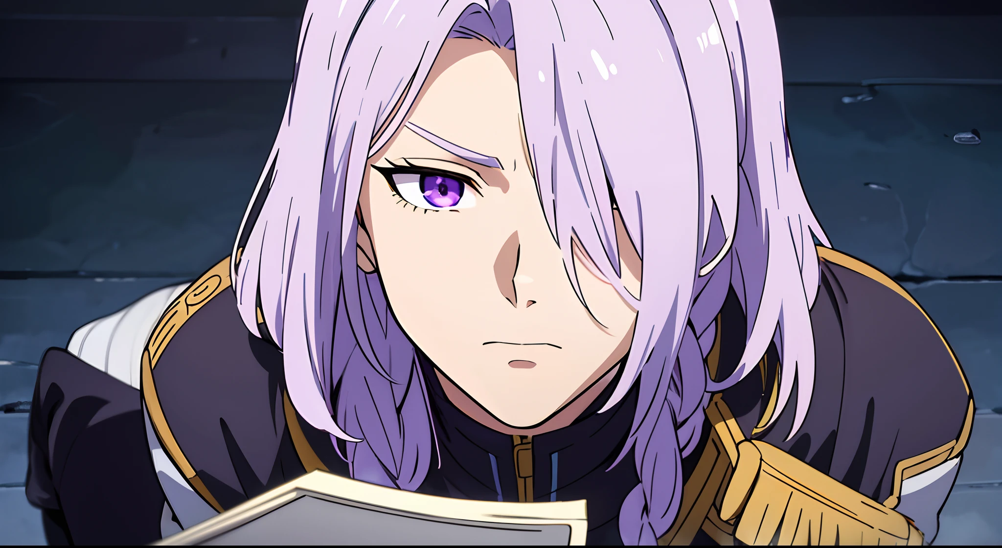 A-Dry is tall, Has sharp purple eyes、Young man with lilac-gray hair. His left eye is obscured by his hair bangs、The hair on the other side is braided from a bob. His left eye was wounded by a gunshot.、was covered with bandages. When his left eye was not bandaged, The injured person in his left eye was、Although there were vertical scars and bruises to replace the original eye that remained removed due to irreparability. The usual costume is、consisted of one of his Drusia military uniform pilot equipment, And in his princely costume he was dressed in a royal costume. He wore a riding suit and long boots that were not like a prince. In the final episode, Wearing a turtleneck like a military uniform and long boots with laces.