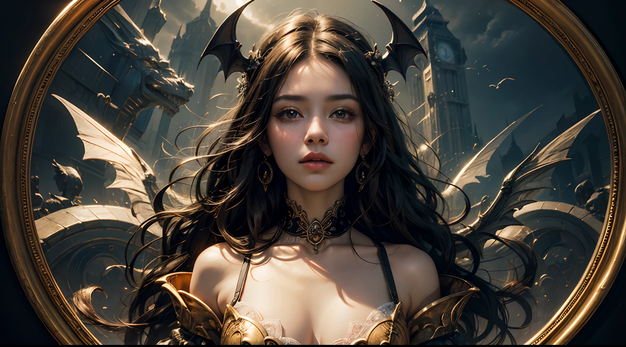 tmasterpiece，top-quality，best qualityer，offcial art，Beauty and aesthetics：1.2），（tmasterpiece：1.3）， （8K， realisticlying， RAW photos， best qualtiy： 1.4）， beauitful face， （photorealiscic face），超高分辨率， Ultra photo realsisim， highly  detailed， the golden ratio， （with dynamism：1.3），（Saturation：1.3），illusory engine， (High detail: 1.9)，（femele：1.4），（Large breasts），woman，Dragon's horn，Bat wings，The background is the destroyed city，Mid-range portrait，dramatics，（magia），（medieval times：1.8）