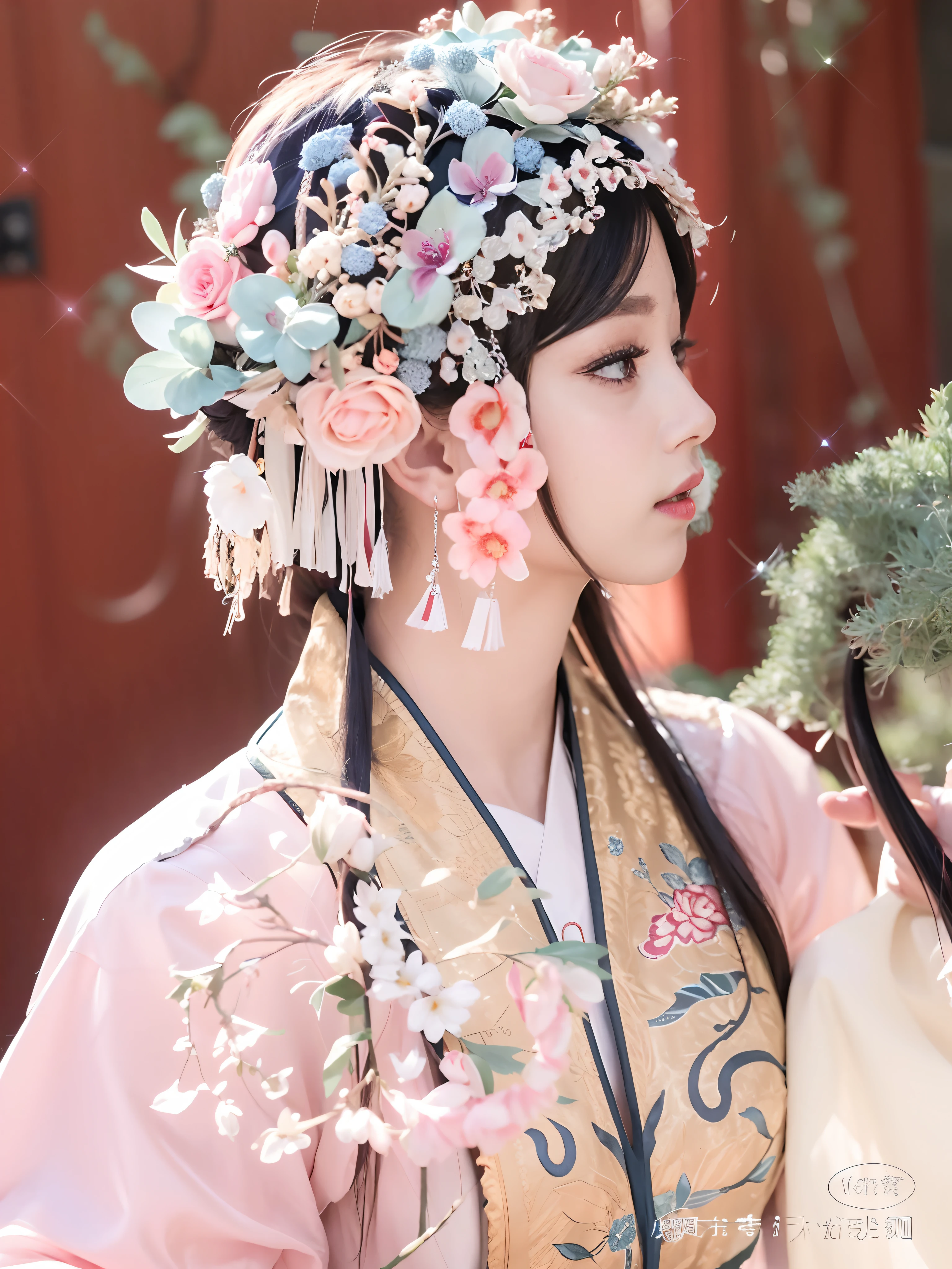 Araki woman in pink kimono，Wearing a flower crown, Palace ， A girl in Hanfu, Hanfu, Princesa chinesa antiga, Traditional beauty, Middle metaverse, White Hanfu, Wearing ancient Chinese clothes, China Princess, a beautiful fantasy empress, ((a beautiful fantasy empress)), Chinese costume, Chinese traditional, Chinese style, Traditional Chinese clothing