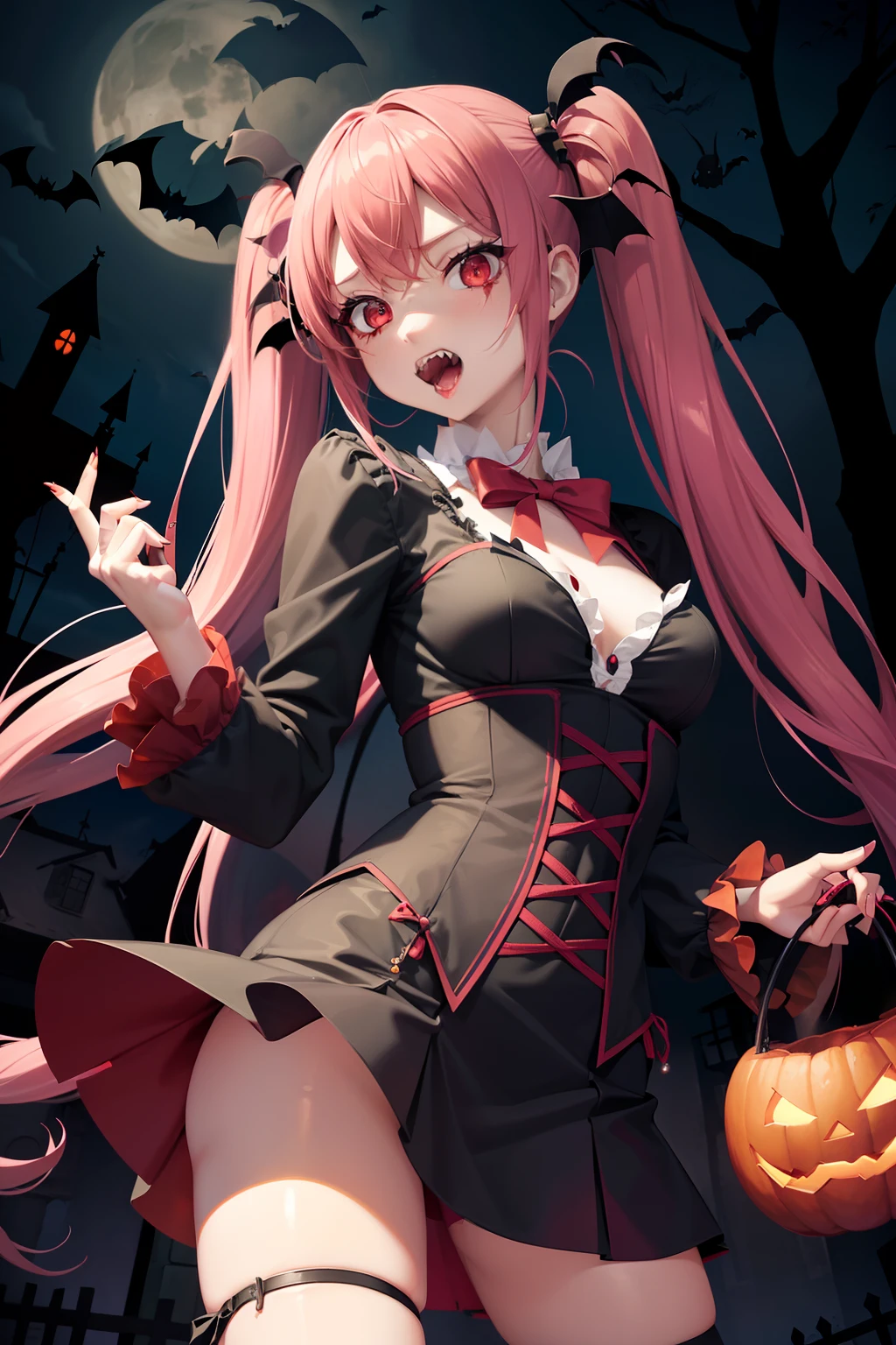 Halloween , Vampire、a cool、a miniskirt, long hair with pink twin tails,,,,,,,,,,,,, Looking at the viewer, Front view,Halloween Vampire Costumes、Sharp fangs、Red Eyes、Blood from the mouth、the bats、Vampire House、Pumpkin Obake、Obake