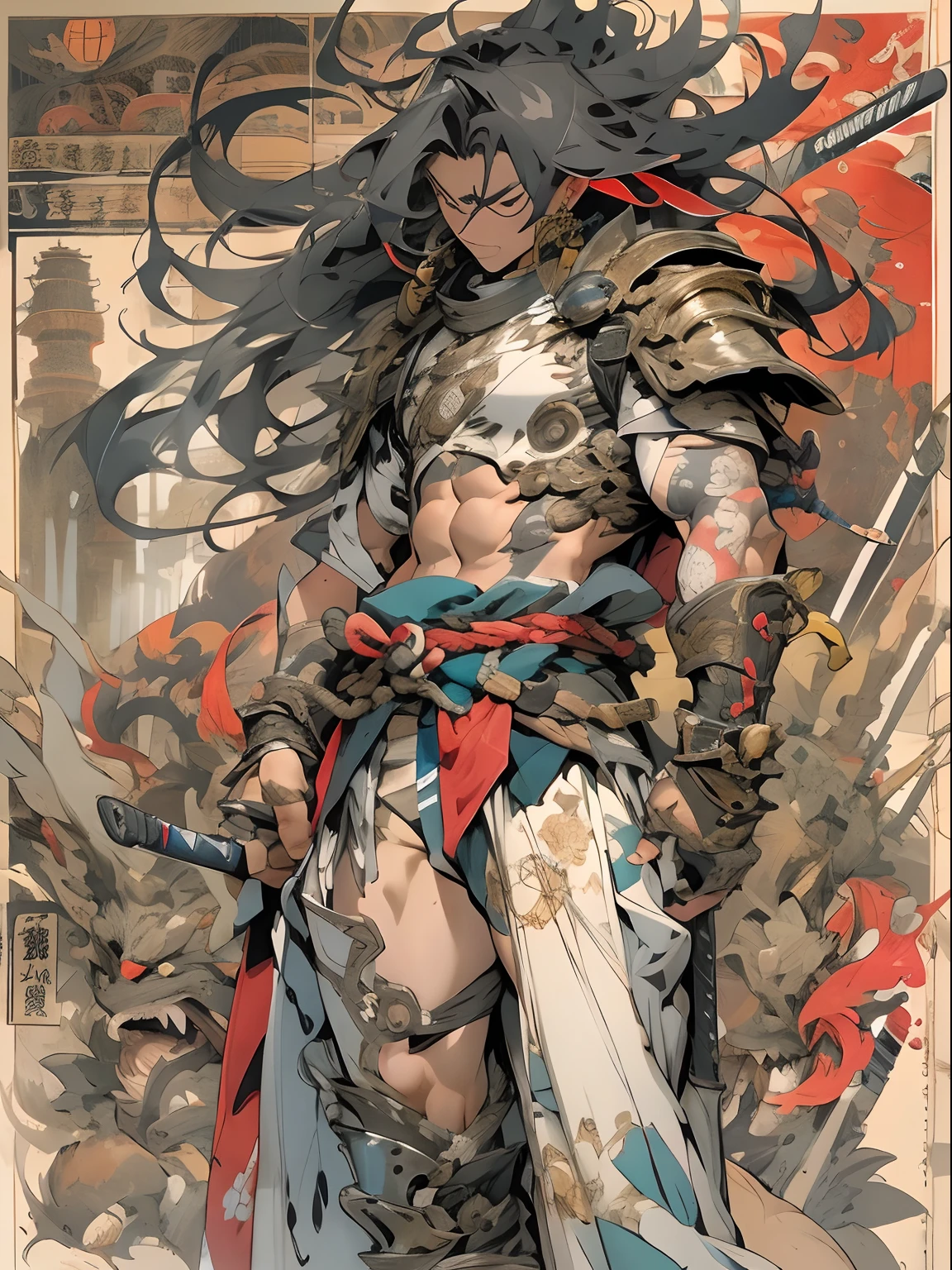(((mtu))), (((best qualityer))), (((tmasterpiece))), (((AS-Adult))), ((( Japanese ))), Look up from your knees, Handsome Asian samurai,perfect body figure, Modern samurai, ((( Asian))), Wear gloves on your hands,The left arm is made of steel and metal tips,Made of protective devices, The eyes are pulled, (( Appears below the chest )), (( Small dental floss )), Simon Bisley, Almost naked(Simon Bisley)Castle City Wilderness,For high-resolution posters, hair straight, Minimum clothing, armure (Crazy clothes ), Full of tips and rivets, tribal tattoos, (((full bodyesbian))), Straight brunette hair,Colored hair ends