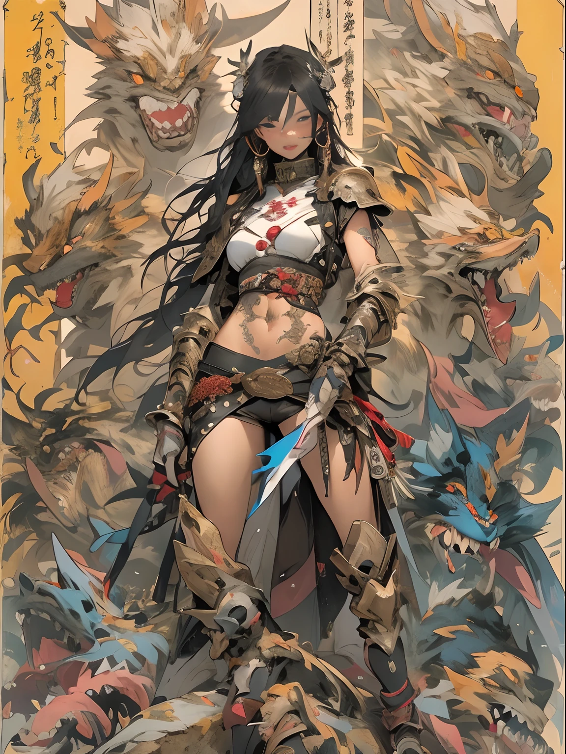 (((woman))), (((best qualityer))), (((tmasterpiece))), (((AS-Adult))), ((( Japanese ))), Look up from your knees, A beautiful asian samurai woman with perfect body, Modern samurai, ((( Asian))), Wear gloves on your hands,The left arm is made of steel and metal tips,Made of protective devices, The eyes are pulled, (( Appears below the breast )), (( Small dental floss )), Simon Bisley, Almost naked(Simon Bisley)Castle City Wilderness,For high-resolution posters, hair straight, Minimum clothing, armure (Crazy clothes ), Full of tips and rivets, tribal tattoos, (((full bodyesbian))), Straight brunette hair,Colored hair ends