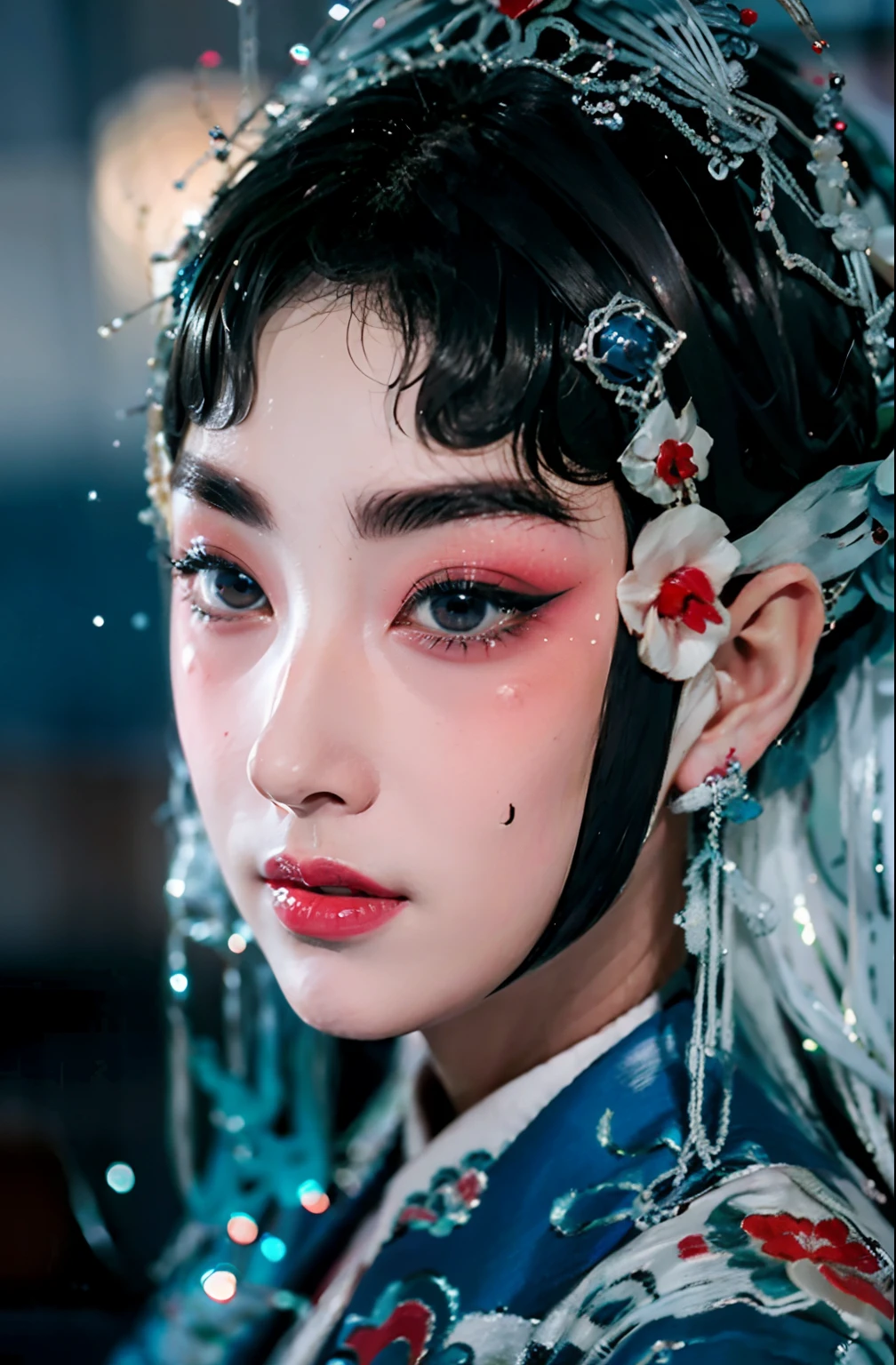 1girll，sface focus，（Peking Opera Half Noodles：1.2），（lucid blue eyes：1），（tmasterpiece，top-quality，best qualityer，offcial art，Beauty and aesthetics：1.2），up front view，facing to audience，（full bodyesbian：1.1）