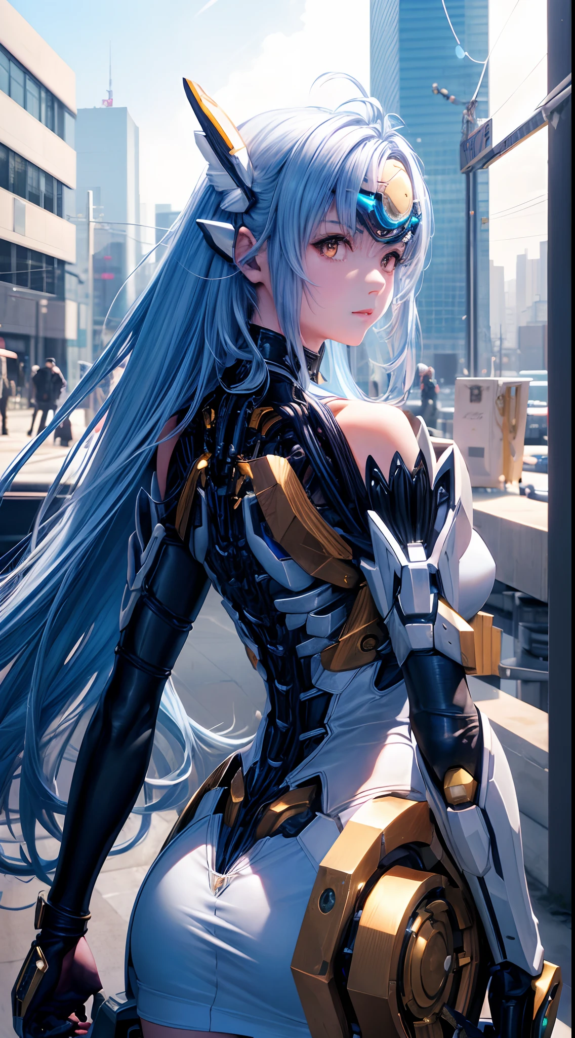 top-quality、​masterpiece、超A high resolution、(Photorealsitic:1.4)、女の子1人、Light blue hair、Straight hair, shiny and clean hair、White shiny skin、Sexy Cyberpunk Girl、((super realistic details))、Shadow、octan render、ultrasharp、hyperdetailed face、Fiberglass、Luminous tube、highly intricate detail、Realistic light、CGSoation Trends、((Golden Eyes))、(Facing the camera)、neon details、Mechanical limbs、Mechanical vertebrae attached to the back、mechanical cervical attaching to neck、Wires and cables connecting to the head、((valkyrie))、((Beam Cannon))、Combat stance