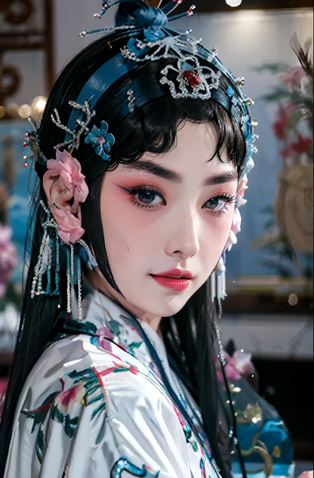 1girll，sface focus，（Peking Opera Half Noodles：1.2），（lucid blue eyes：1），（tmasterpiece，top-quality，best qualityer，offcial art，Beauty and aesthetics：1.2），up front view，facing to audience，（full bodyesbian：1.1）