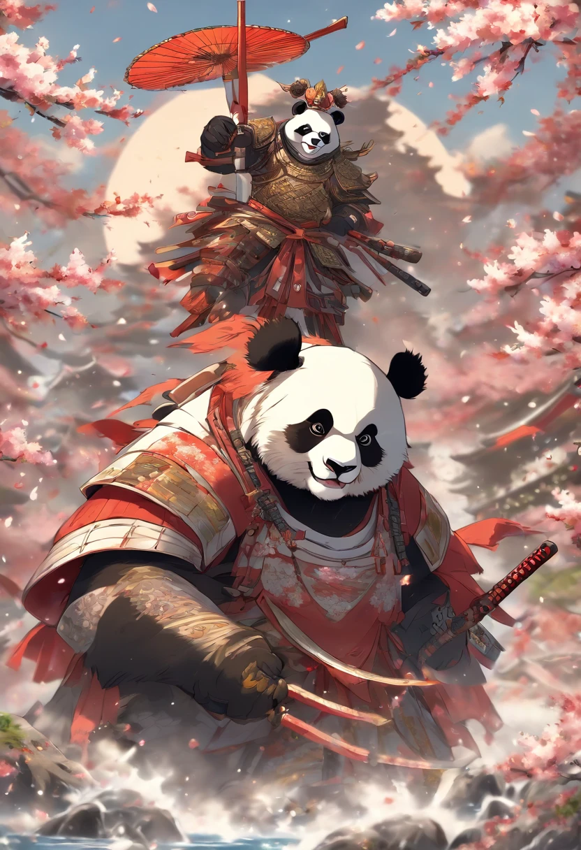 Brave and noble panda bear samurai, Wearing highly detailed white samurai armor, Carrying a sashimi battle flag, Sengoku period, highly detailed back ground, Cherry blossoms fluttering in the wind, Perfect masterpiece, High quality, high resolution