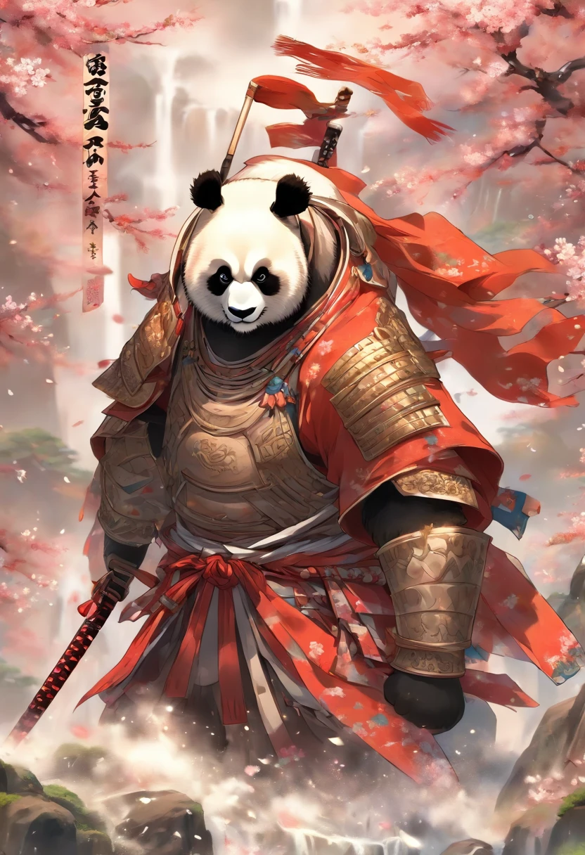 Brave and noble panda bear samurai, Wearing highly detailed white samurai armor, Carrying a sashimi battle flag, Sengoku period, highly detailed back ground, Cherry blossoms fluttering in the wind, Perfect masterpiece, High quality, high resolution