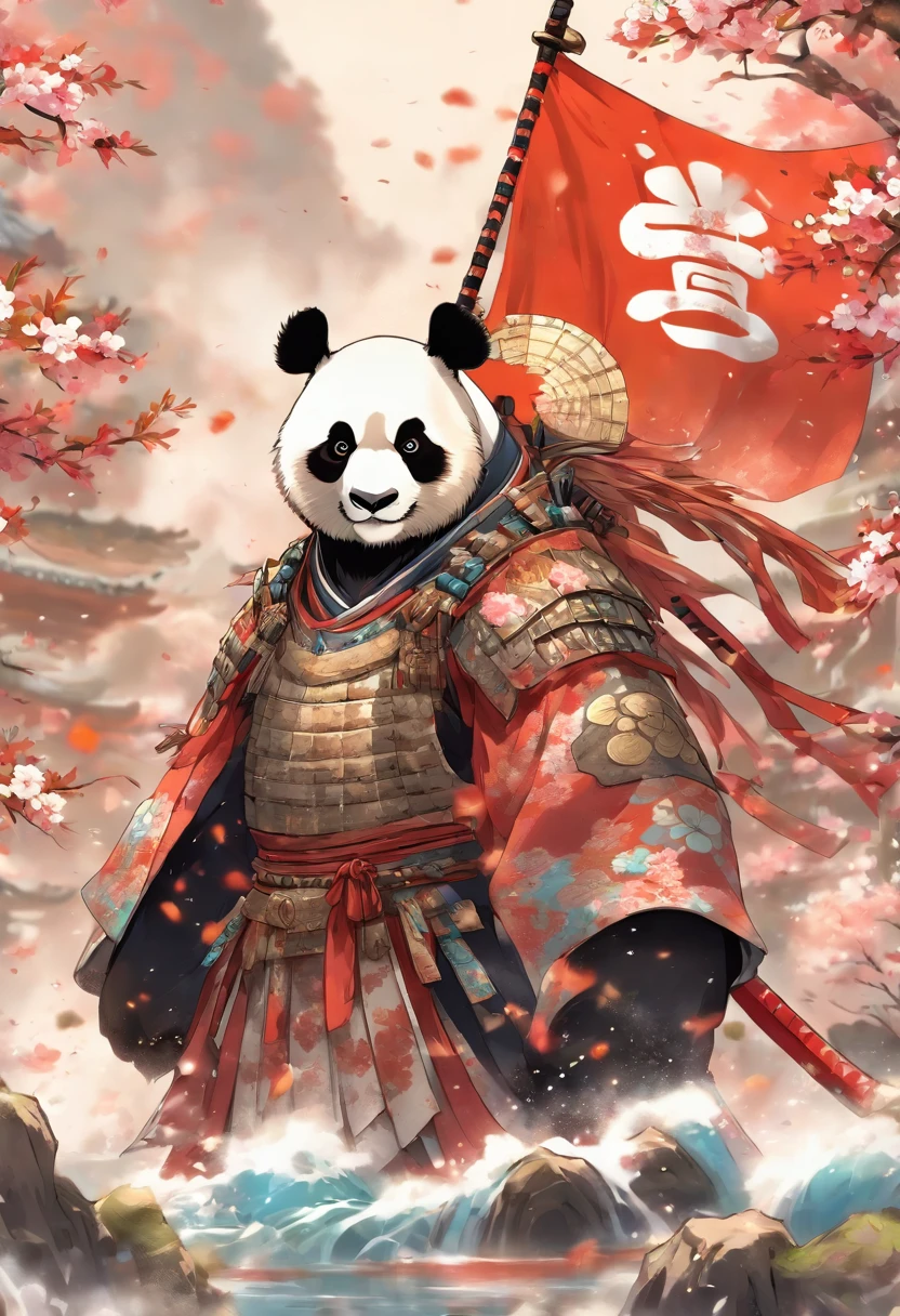 Brave and noble panda bear samurai, Wearing highly detailed white samurai armor, Carrying a sashimi battle flag, Sengoku period, highly detailed back ground, Cherry blossoms fluttering in the wind, Perfect masterpiece, High quality, high resolution