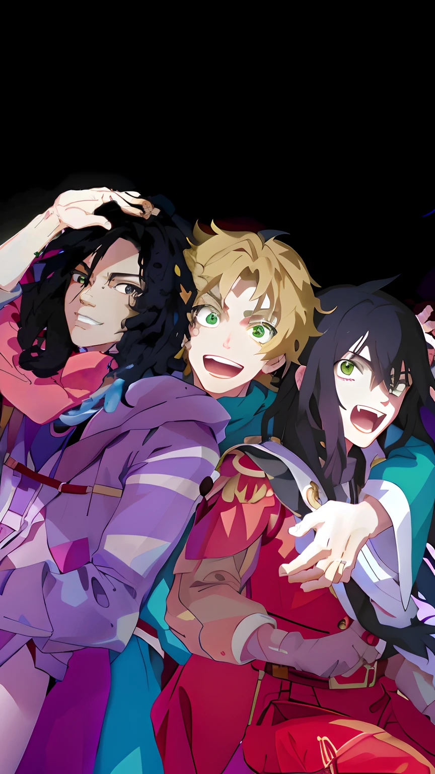 anime characters posing for a picture with a black background, official anime still, still from tv anime, Cute boy with long black hair, blonde pretty boy with white skin, cute brown boy with curly hair