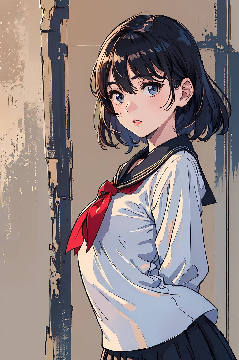 (1girl:1.3, solo), (a extremely pretty and beautiful Japanese woman), (sexy girl), (professional attire:1.3), (22 years old: 1.1), (from below:1.3), (low angle:1.3), (ground level shot:1.3), (girl on top:1.3), (arms behind back between legs:1.3), (attractive random posing:1.3), (in the queenroom:1.3), (starring at you:1.3), break, (bobble ponytail:1.3), (shiny-black thin hair:1.2), bangs, dark brown eyes, beautiful eyes, princess eyes, (big eyes:1.3), bangs, Hair between eyes, short hair:1.3, (slender:1.1), (small-medium-breasts:0.95), (thin waist: 1.15), (detailed beautiful girl: 1.4), Parted lips, Red lips, full-make-up face, (shiny skin), ((Perfect Female Body)), (Upper Body Image:1.3), Perfect Anatomy, Perfect Proportions, (most beautiful Korean actress face:1.3, extremely cute and beautiful Japanese actress face:1.3), BREAK, (View viewer, wearing a school girl uniform, (insanely detailed collared sailor shirt:1.3, long-sleeve:1.3), (black box-skirt:1.3), detailed clothes, BREAK, (detailed classy queenroom background:1.2), (dark background), (Studio soft lighting: 1.3), (fake lights: 1.3), (backlight: 1.3), BREAK, (Realistic, Photorealistic: 1.37), (Masterpiece, Best Quality: 1.2), (Ultra High Resolution: 1.2), (RAW Photo: 1.2), (Sharp Focus: 1.3), (Face Focus: 1.2), (Ultra Detailed CG Unified 8k Wallpaper: 1.2), (Beautiful Skin: 1.2), (pale Skin: 1.3), (Hyper Sharp Focus: 1.5), (Ultra Sharp Focus: 1.5), (Beautiful pretty face: 1.3), (super detailed background, detail background: 1.3), Ultra Realistic Photo, Hyper Sharp Image, Hyper Detail Image,