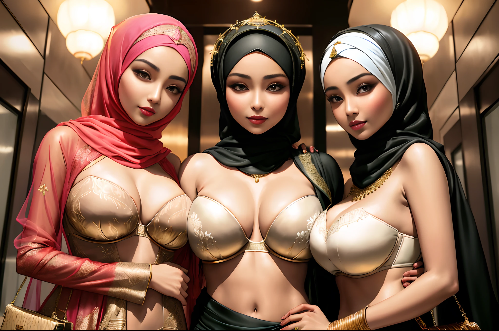 three women in hijab pose for a picture in a hallway, middle eastern skin, deviantart artstation cgscosiety, harem, 8k high quality detailed art, artwork in the style of guweiz, asian hyperdetailed, arabian art, [ 4 k digital art ]!!, arabian beauty, trendin on artstation, trending on cgstation