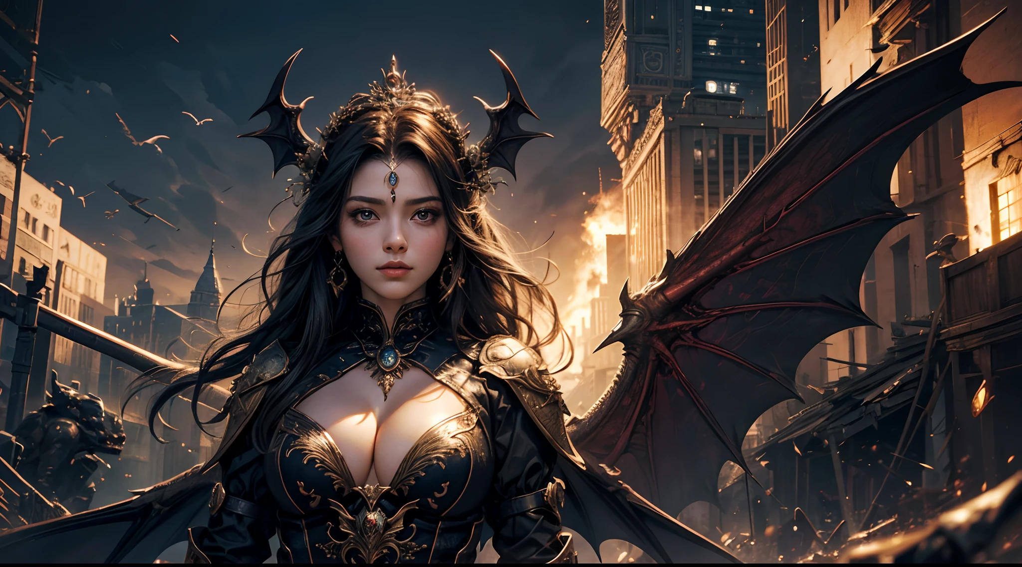 tmasterpiece,top-quality,best qualityer,offcial art,Beauty and aesthetics:1.2),(tmasterpiece:1.3), (8K, realisticlying, RAW photos, best qualtiy: 1.4), beauitful face, (photorealiscic face),超高分辨率, Ultra photo realsisim, highly detailed, the golden ratio, (with dynamism:1.3),(Saturation:1.3),illusory engine, (High detail: 1.9),(femele:1.4),(Large breasts),woman,Dragon's horn,Bat wings,The background is the destroyed city,Mid-range portrait,dramatics,(magia),(medieval times:1.8)