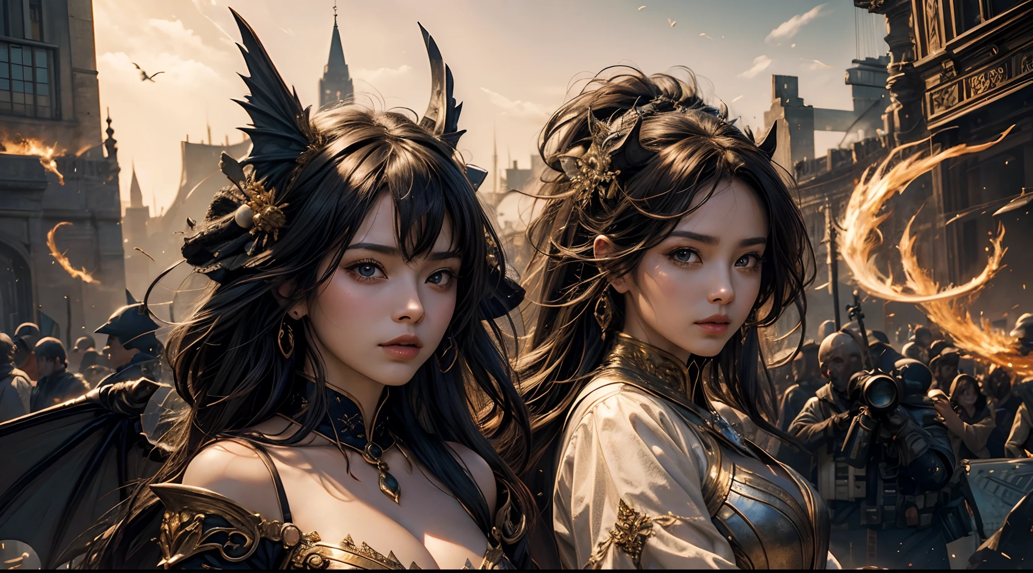 tmasterpiece,top-quality,best qualityer,offcial art,Beauty and aesthetics:1.2),(tmasterpiece:1.3), (8K, realisticlying, RAW photos, best qualtiy: 1.4), beauitful face, (photorealiscic face),超高分辨率, Ultra photo realsisim, highly detailed, the golden ratio, (with dynamism:1.3),(Saturation:1.3),illusory engine, (High detail: 1.9),(femele:1.4),(Large breasts),woman,Dragon's horn,Bat wings,The background is the ruins of a medieval city,Bust,dramatics,(magia)