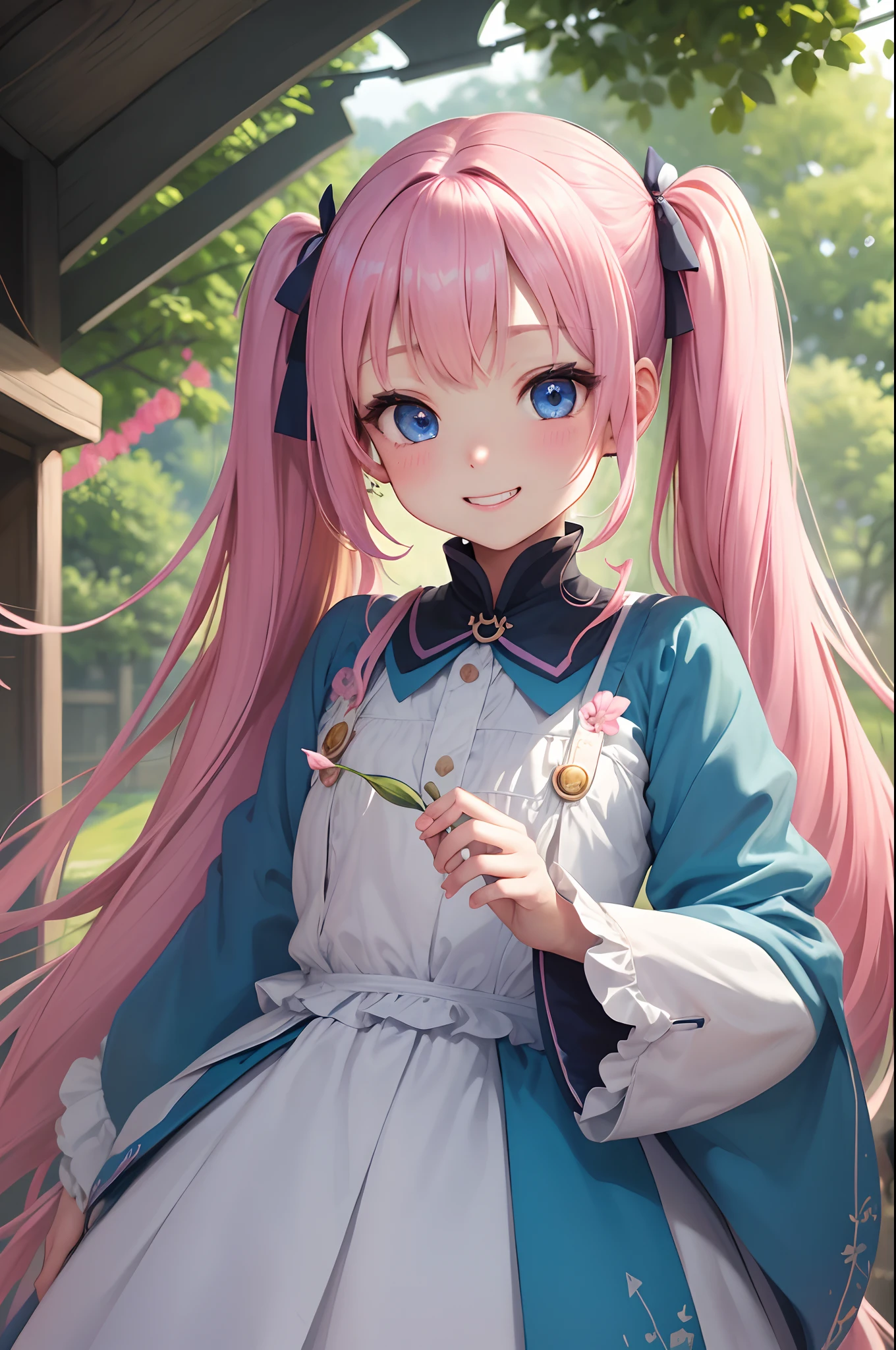 masterpiece:1.2、hightquality、top-quality、hight resolution、detaileds、A hyper-realistic、20Beauty of the same age、long hair with pink twin tails,,,,,、Beautiful blue eyes、tilt of the head、morning glow、Green grass々Shigi々、birdie、rainbows、portlate、Lovely smile、showing teeth、(A detailed face)、((foco nítido))、((faces))、The upper part of the body_Body