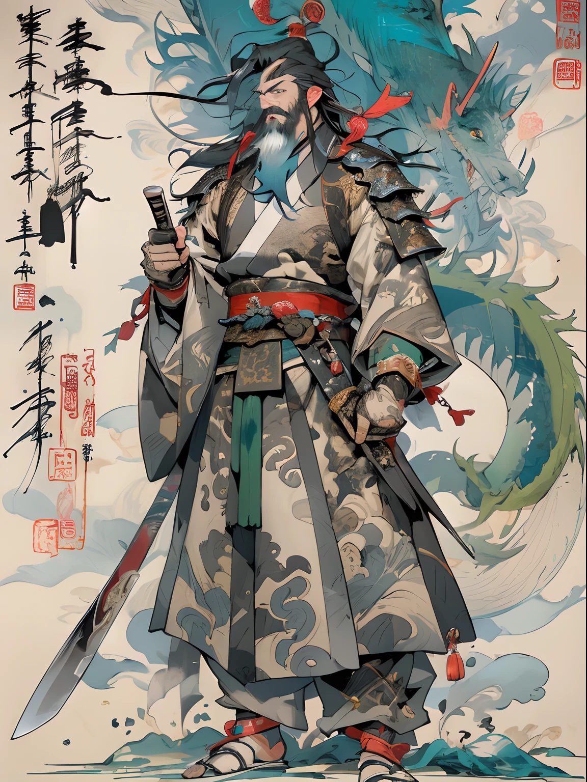(((China-style,Ink painting method,Half-length portrait,Intense color,Han dynasty, China,Hanfu,Armor,Guan yu,Guan Yunchang,of a guy,Ruddy killing square face,Hold the Blue Dragon Moon Knife in his right hand,Stroke your beard with your left hand,Long hair,petty eyes,Green robe))), (((best qualityer))), (((tmasterpiece))), (((AS-Adult))), ((( Japanese ))), Look up from your knees, Handsome Asian samurai,perfect body figure, Modern samurai, ((( Asian))), Wear gloves on your hands,The left arm is made of steel and metal tips,Made of protective devices, The eyes are pulled, (( Appears below the chest )), (( Small dental floss )), Simon Bisley, Almost naked(Simon Bisley)Castle City Wilderness,For high-resolution posters, hair straight, Minimum clothing, armure (Crazy clothes ), Full of tips and rivets, tribal tattoos, (((full bodyesbian))), Straight brunette hair,Colored hair ends