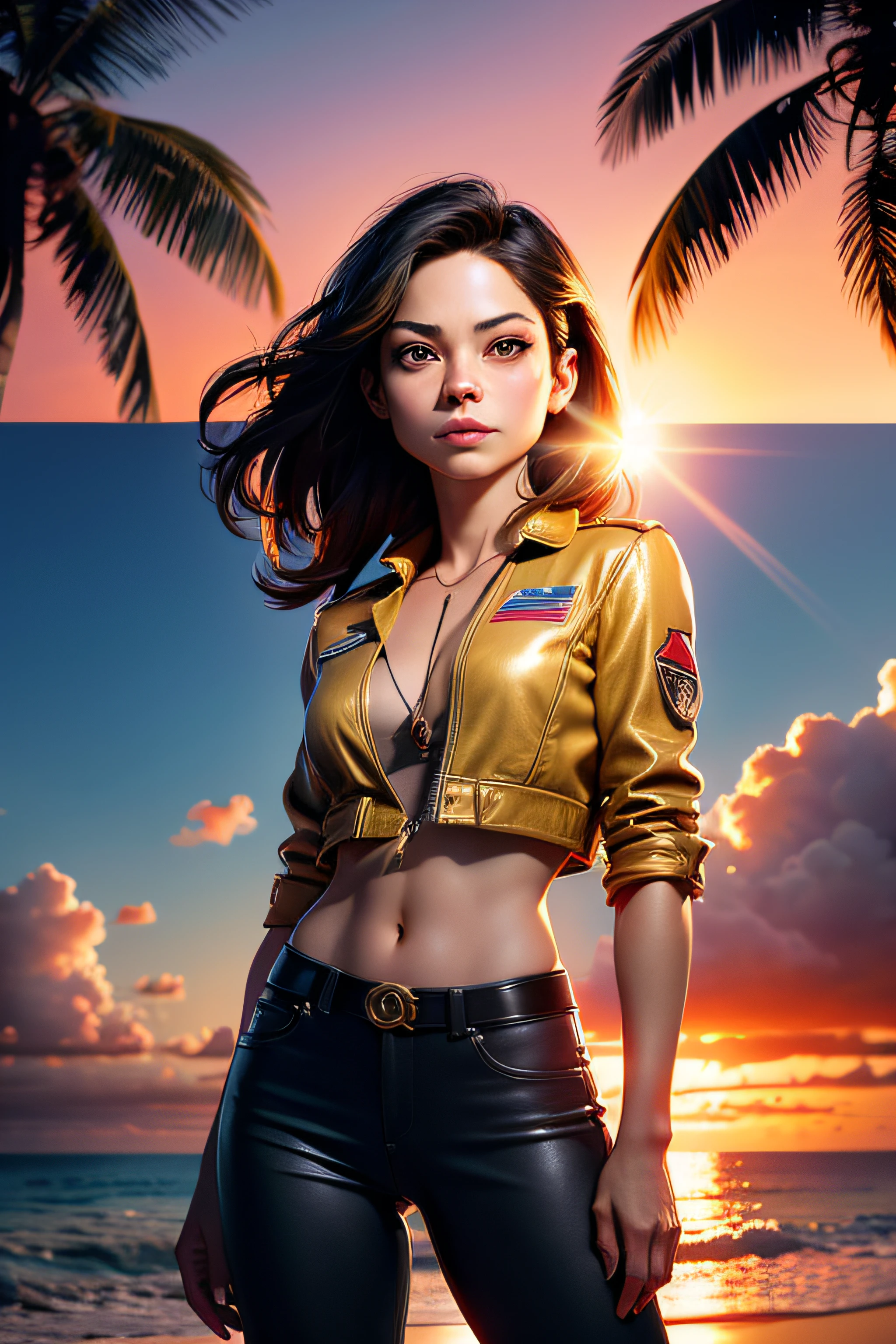 Movie poster in which we see Kristin Kreuk as an American fighter pilot in front of a beach with palm trees and a sunset. cinematic lighting. golden ratio. laisser de la place en haut de l'image.