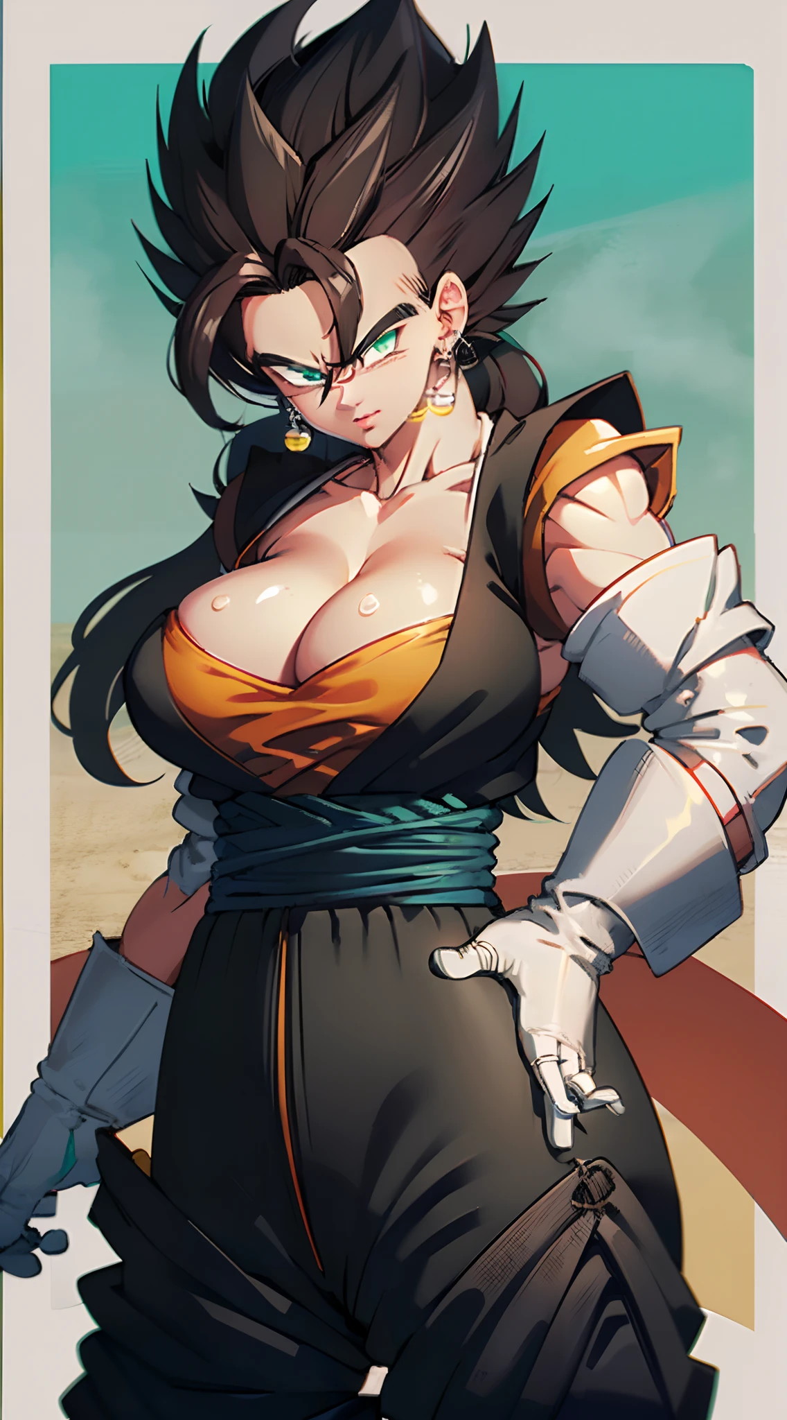 vegetto, 1 sexy girl, spiked hair, potara, white gloves, big tits, big ass, tight suit, victory pose, thin hips, looking at viewer, front view., vegetto, spiked hair, potara, white gloves(( big breasts) ((beach)) ((black hair)) (((detail fingers)) ((pants)) ((((beach)))) ((en la playa))