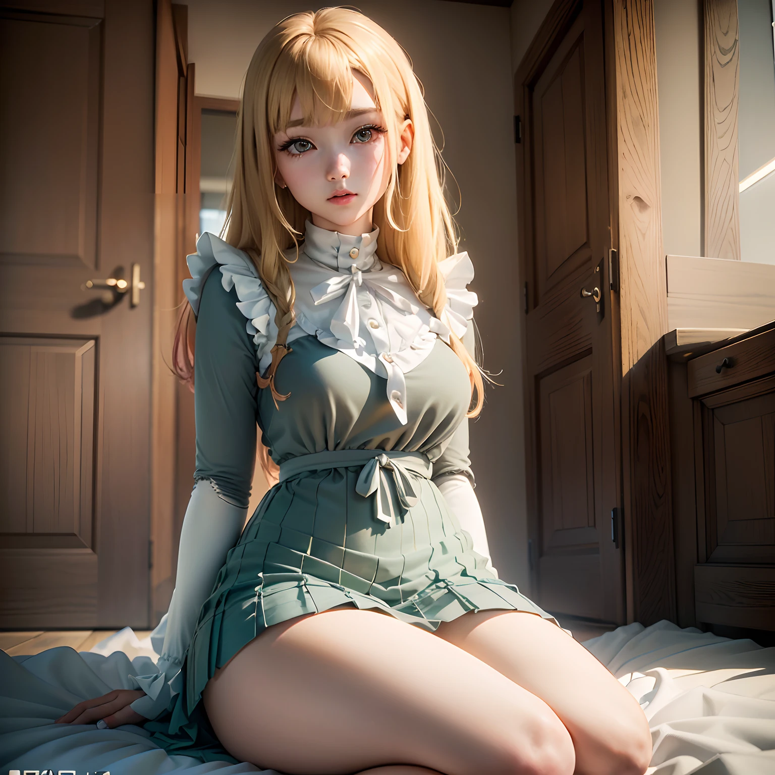 (garota hiper realista:1.2), ((Marin Kitagawa de 18 anos)), (Sono Bisque Doll wa Koi o Suru), corpo inteiro, single body, olhando para frente, sitting on the floor, (coxas internas expostas), joelhos dobrados, ((Blonde hair: 1.4)), (olhos vermelhos), seios grandes:1.3, (((uniforme escolar))), ((saia de renda)), Quarto feminino, quarto tradicional, (((Hiper realista, cinematic lighthing, (octan render), ray tracing, realismo))), (((16k UHD, maximum quality, maximum resolution, ultra detailed)))