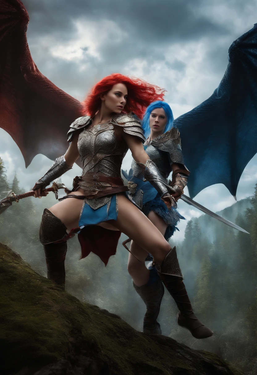 2 girls in armor with long sword, Blue and red hair fight against devils with, Dragon-like wings hinder clouds and forest, UHD, masterpiece, anatomically correct, high details, super detail, textured skin, best quality, 8k