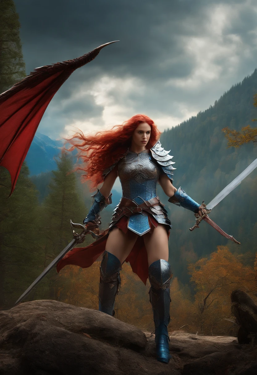 2 girls in armor with long sword, Blue and red hair fight against devils with, Dragon-like wings hinder clouds and forest, UHD, masterpiece, anatomically correct, high details, super detail, textured skin, best quality, 8k