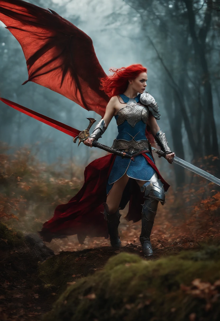 2 girls in armor with long sword, Blue and red hair fight against devils with, Dragon-like wings hinder clouds and forest, UHD, masterpiece, anatomically correct, high details, super detail, textured skin, best quality, 8k