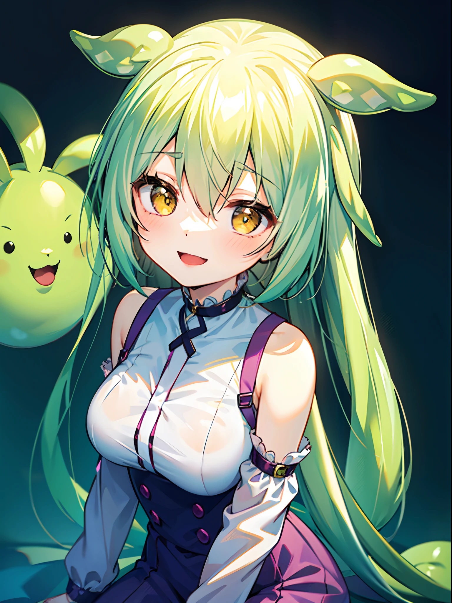 a beauty girl，Yellow-green hair，bobhair、short-hair、Gentle drooping eyes，large full breasts、校服，Manga style，fulcolor，hi-school girl，Calm and gentle face，Big smile、innocent smiles