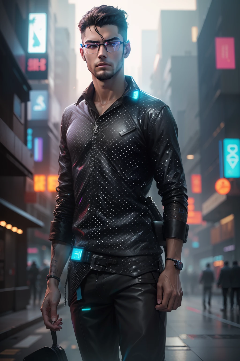 Cyberpunk, high quality, handsome boy, ultra realistic, like ai, with eye glass, real face