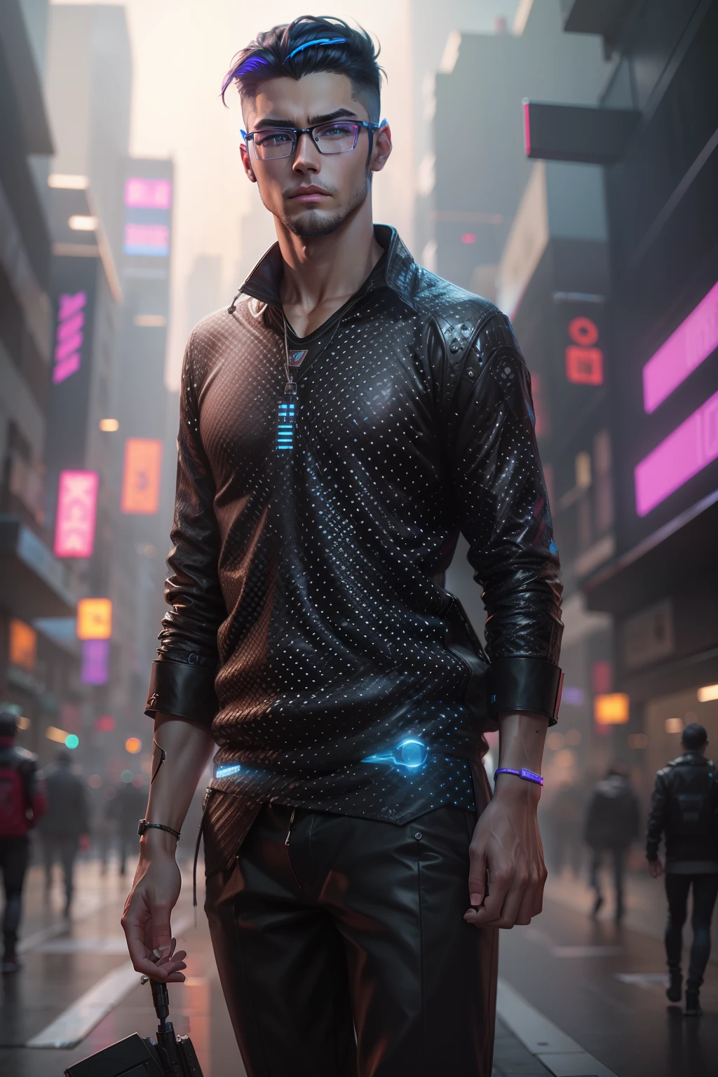 Cyberpunk, high quality, handsome boy, ultra realistic, like ai, with eye glass, real face