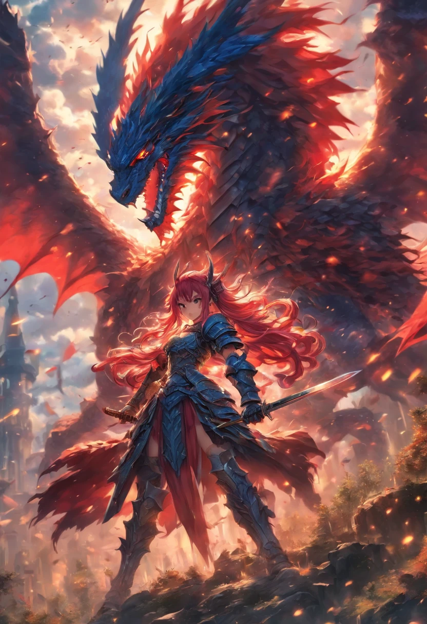 2 girls in armor with long sword, Blue and red hair fight against devils with, Dragon-like wings hinder clouds and forest, UHD, masterpiece, anatomically correct, high details, super detail, textured skin, best quality, 8k